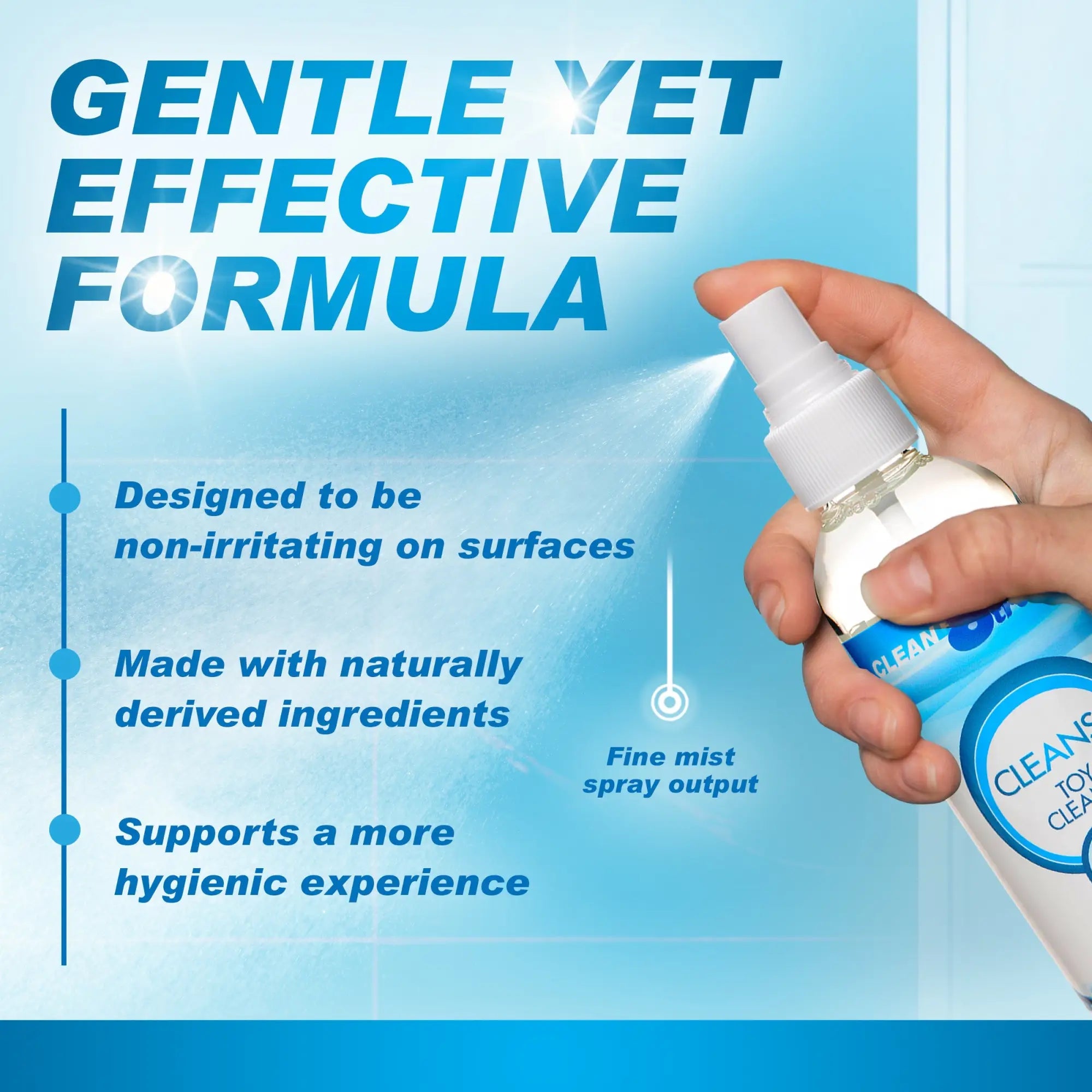 CleanStream 8oz Toy Cleaner spray bottle in hand, misting with text highlighting its gentle, natural formula.