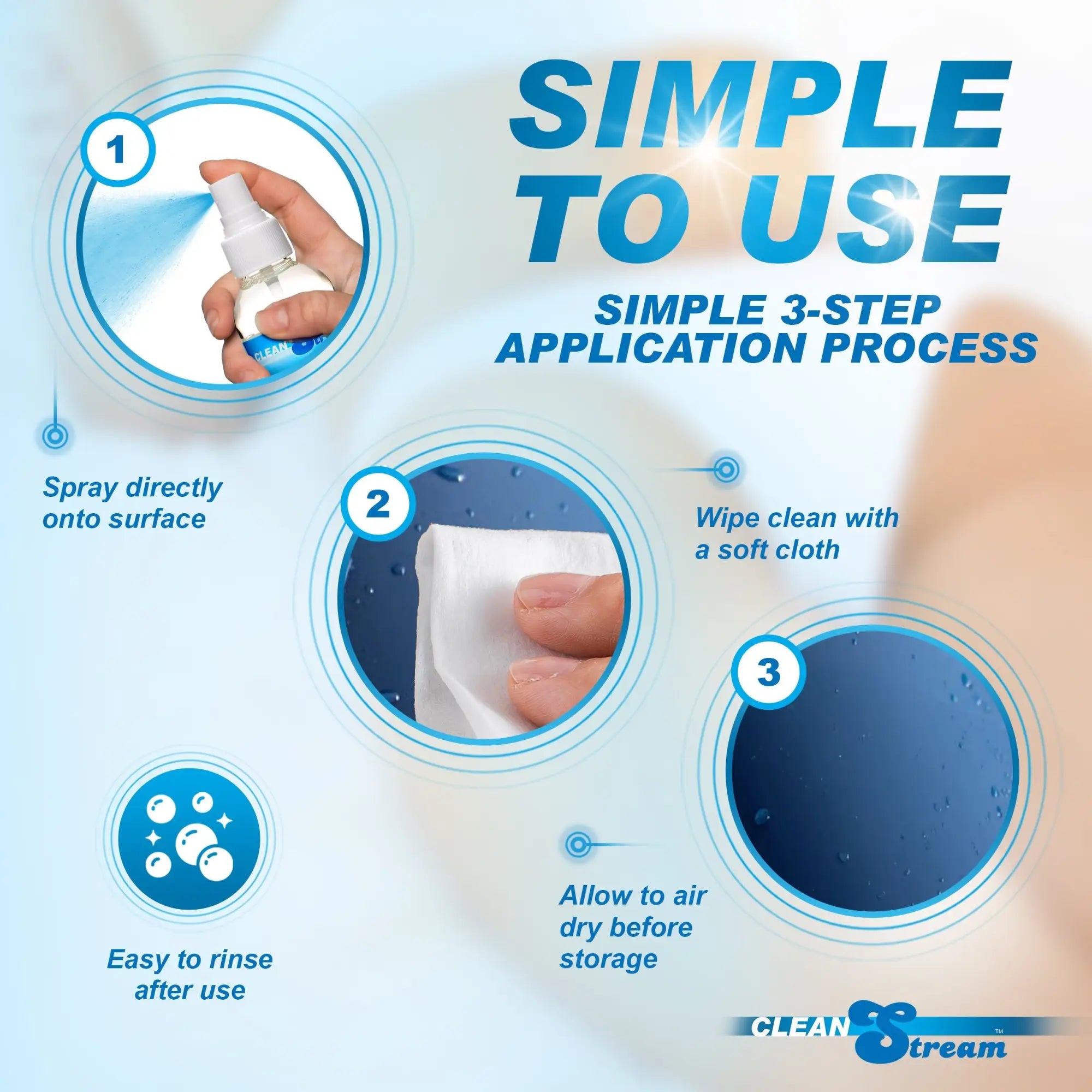 Infographic showing the 3-step usage process for blue-labeled CleanStream 8oz toy cleaner spray.
