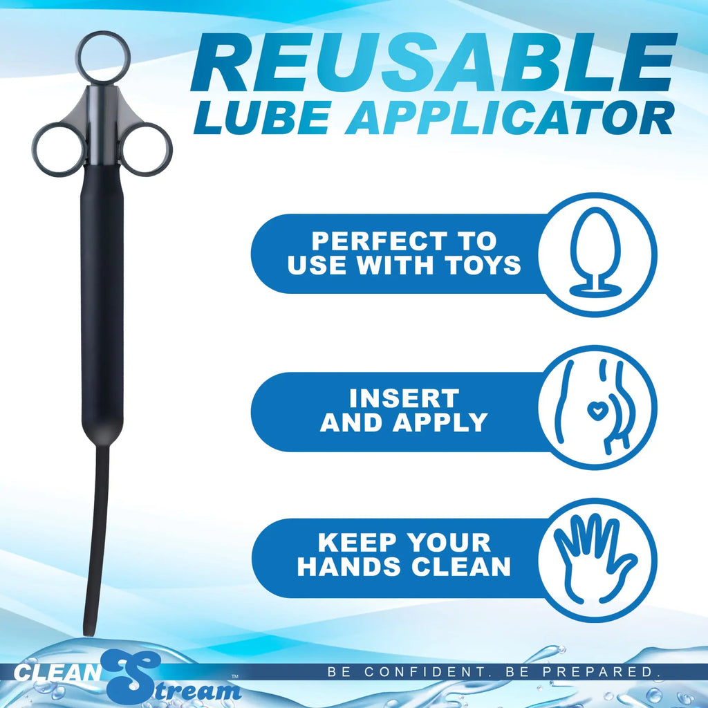 CleanStream Deep Shot lubricant launcher: a black, syringe-style applicator with finger loops and a slim, flexible tip.