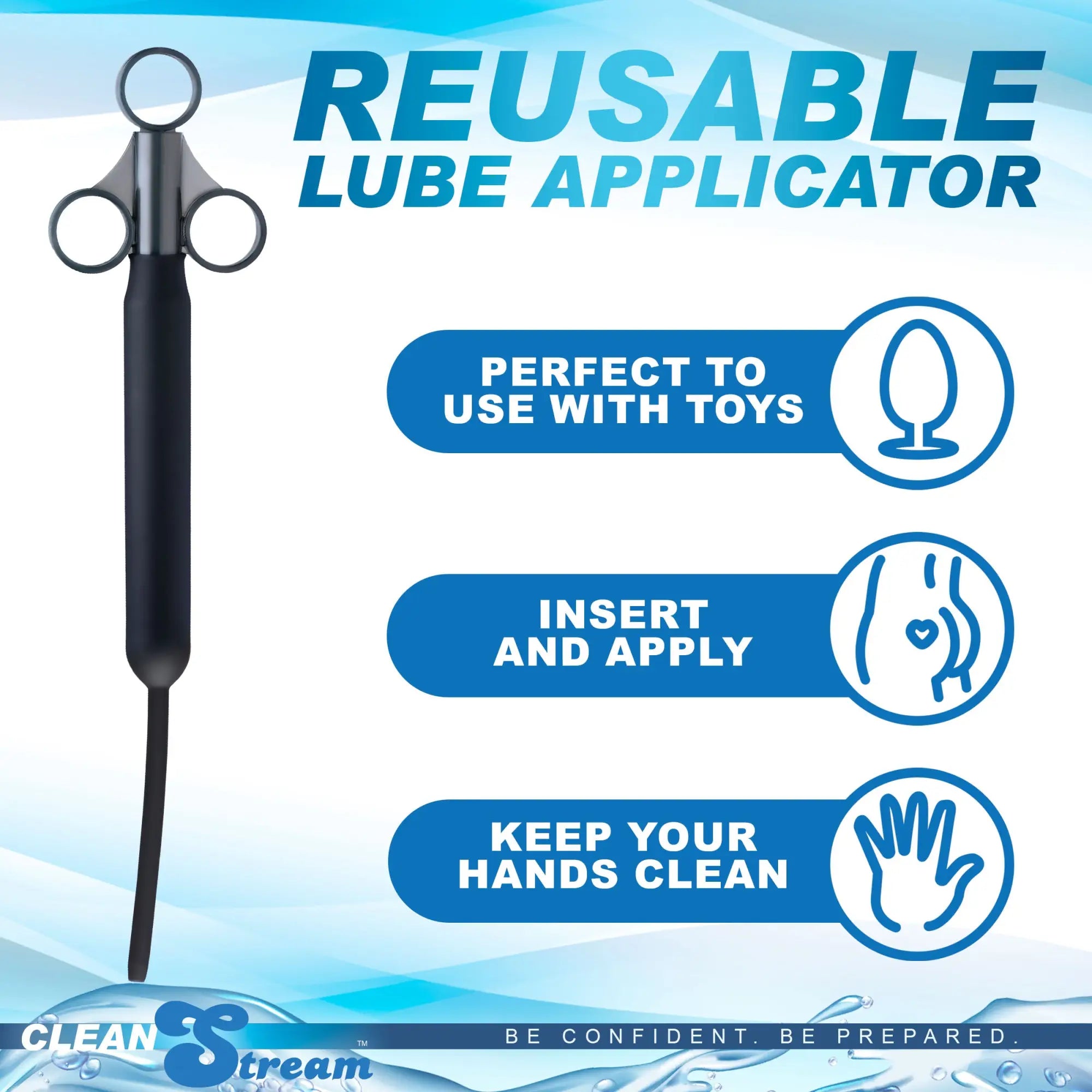 CleanStream Deep Shot lubricant launcher: a black, syringe-style applicator with finger loops and a slim, flexible tip.