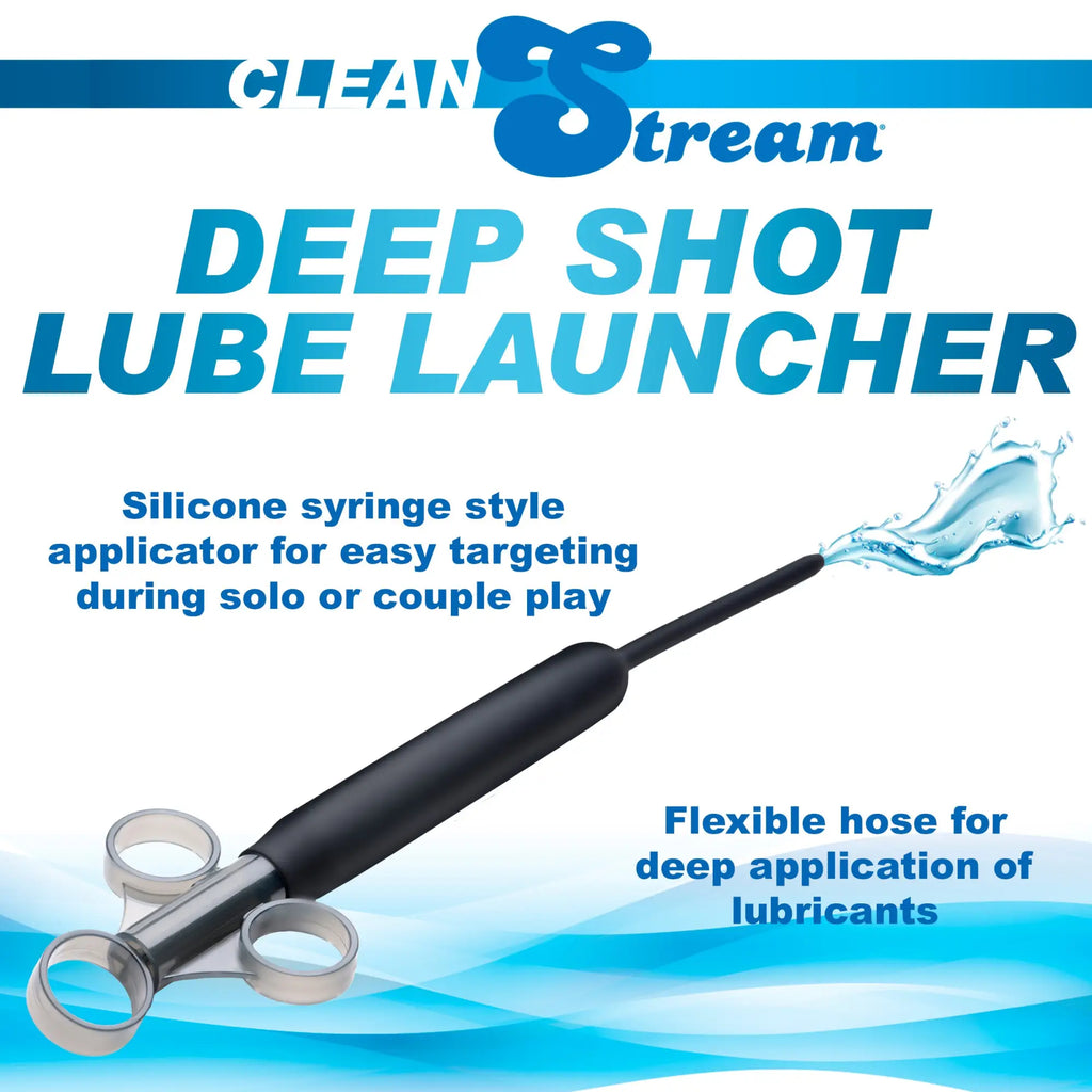 CleanStream Deep Shot Lubricant Launcher: A black, syringe-style applicator with finger rings spraying blue liquid.