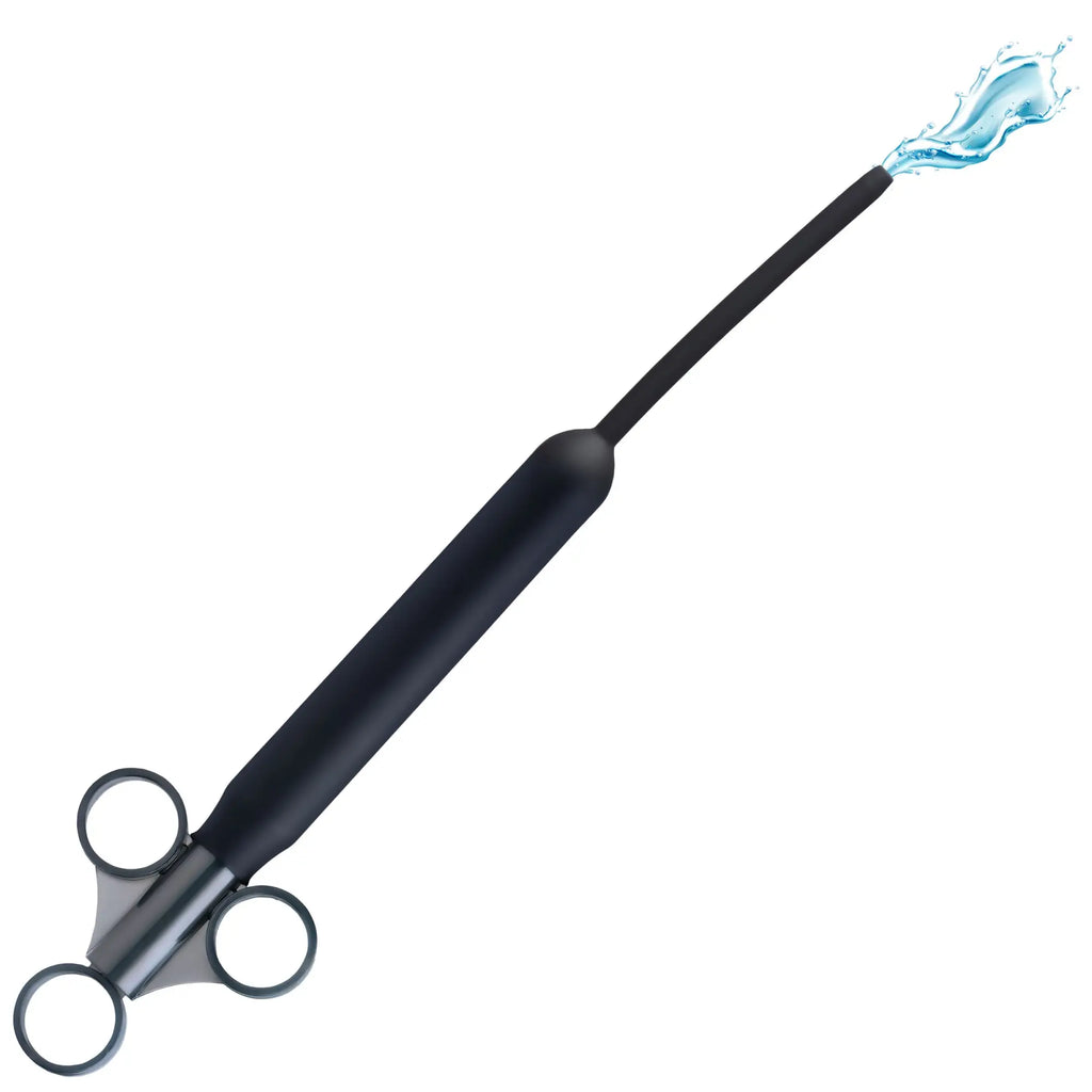 CleanStream Deep Shot Lubricant Launcher: a sleek black syringe-style applicator with a ring handle spraying water.