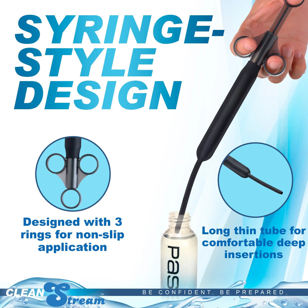 CleanStream Deep Shot Lubricant Launcher: a black, syringe-style tool with three finger rings and a thin applicator tube.