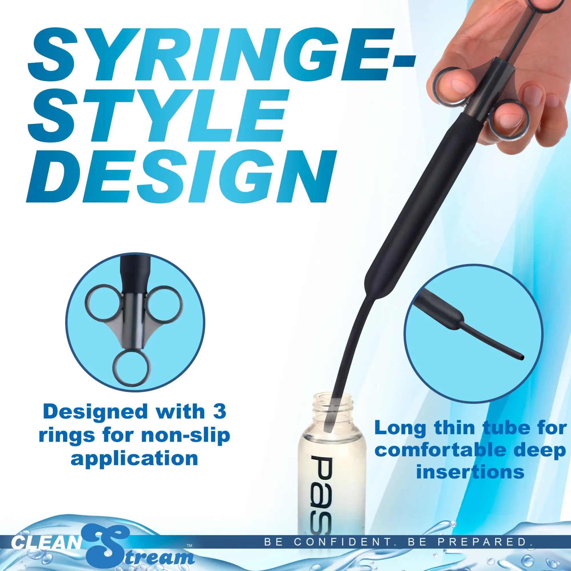 CleanStream Deep Shot Lubricant Launcher: a black, syringe-style tool with three finger rings and a thin applicator tube.