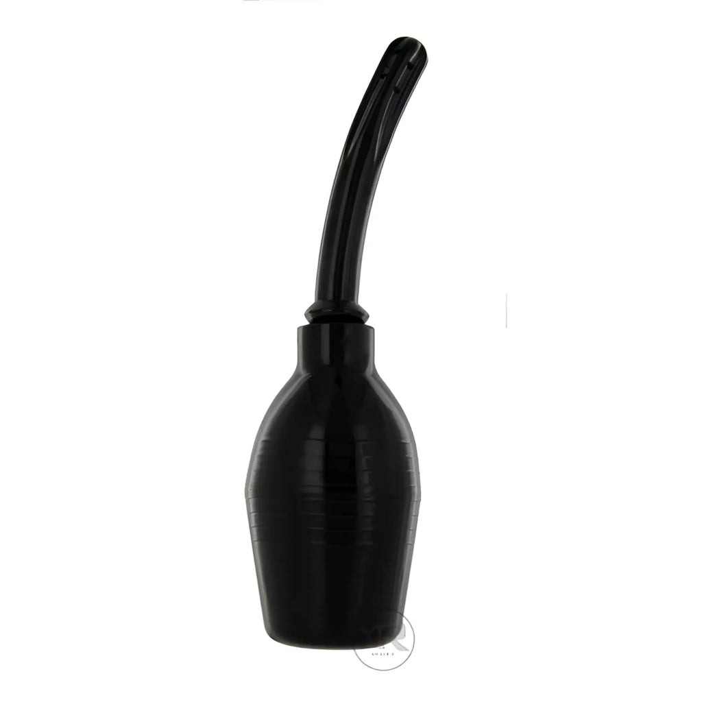 CleanStream Deluxe Enema Bulb: A sleek, black squeeze-bulb with a long, smooth, curved nozzle attachment.