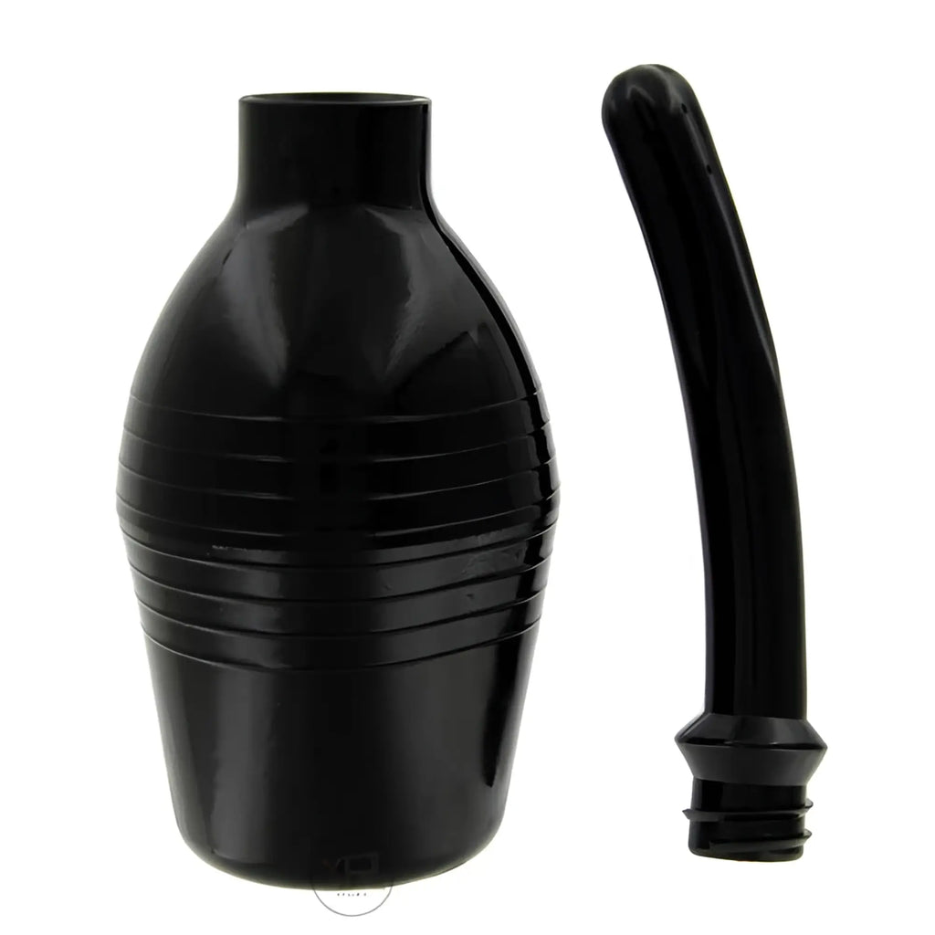 CleanStream Deluxe Enema Bulb: A sleek, black, ribbed silicone squeeze bulb with a detachable curved nozzle.