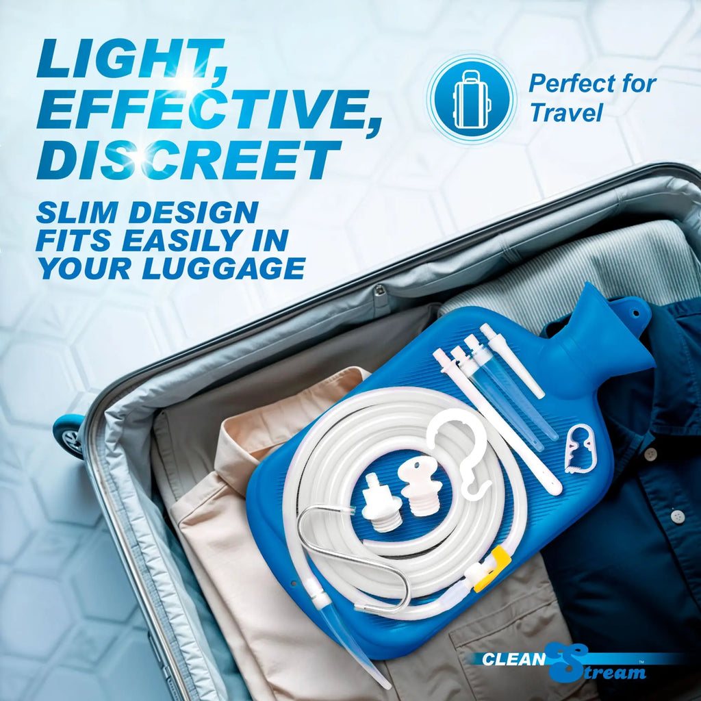 CleanStream Deluxe Shower Enema Kit with 5 tips, featuring a blue water bottle and tubing packed inside a suitcase.