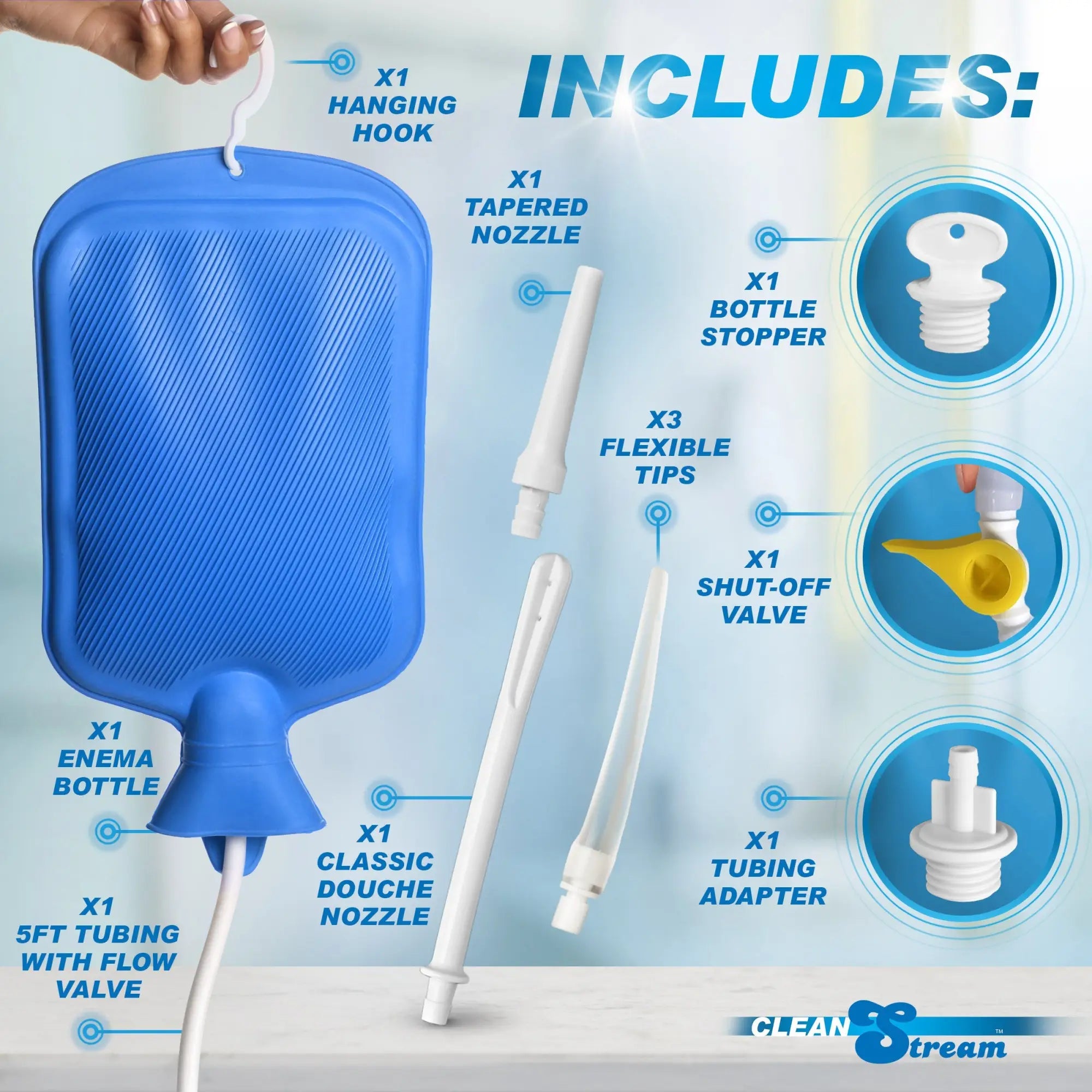 CleanStream Deluxe Shower Enema Kit with blue rubber bottle, 5 white nozzles, hanging hook, and 5ft tubing with valve.