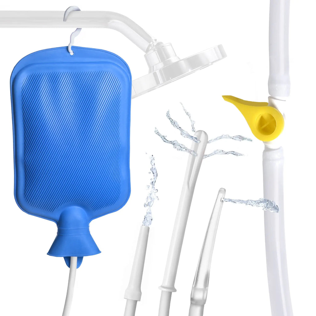 CleanStream Deluxe Shower Enema Kit with blue rubber bag, white hose, yellow flow control valve, and three spray tips.