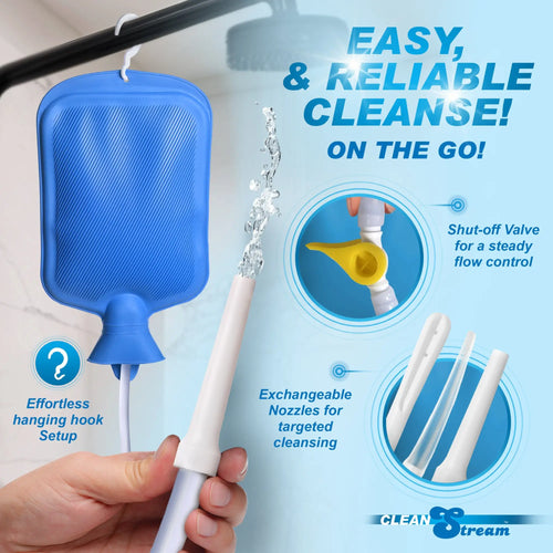 CleanStream Deluxe Shower Enema Kit with 5 tips, showing a blue water bag, flow valve, and white nozzles in use.
