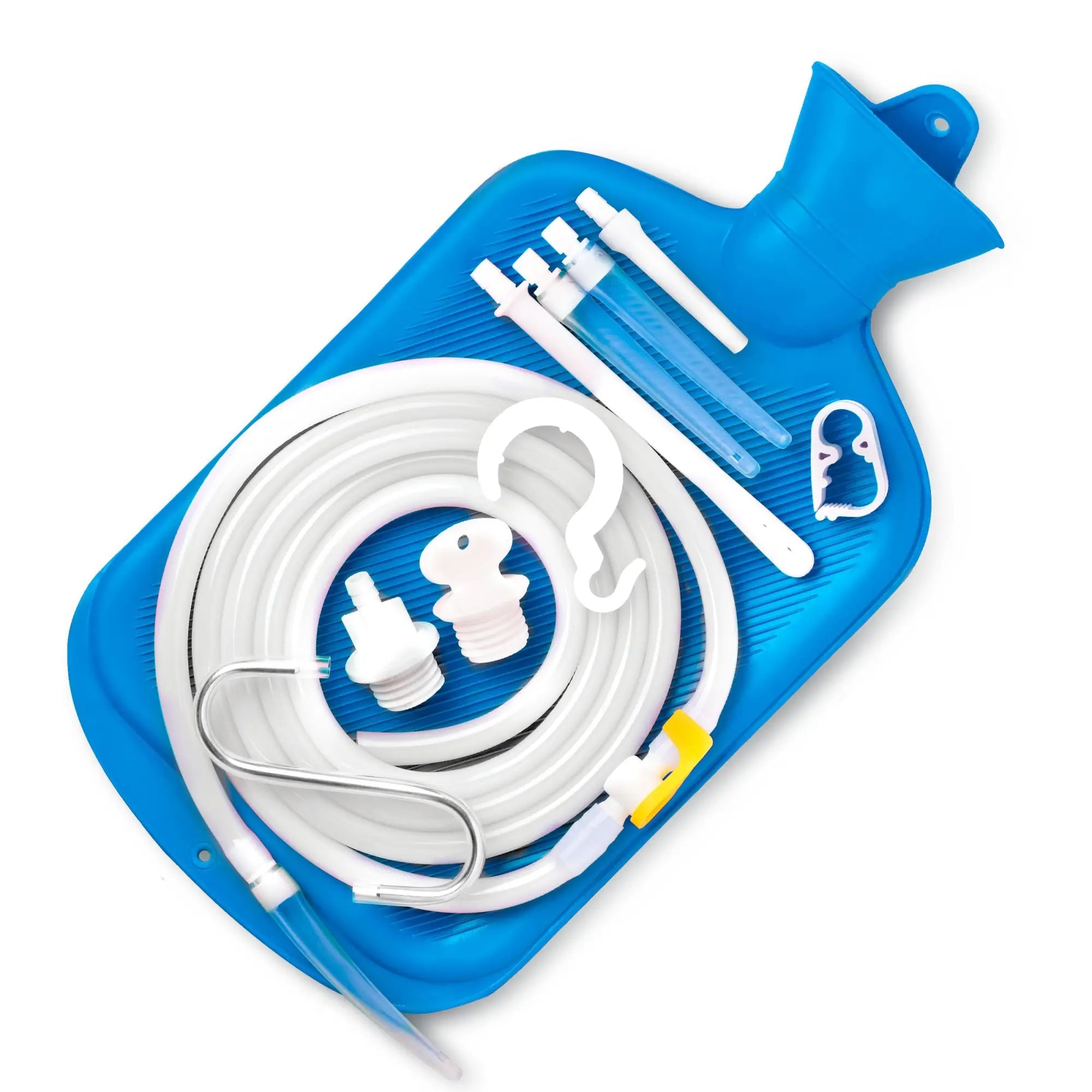 CleanStream Deluxe Shower Enema Kit with 5 tips, including a blue hot water bottle, white hose, and various accessories.