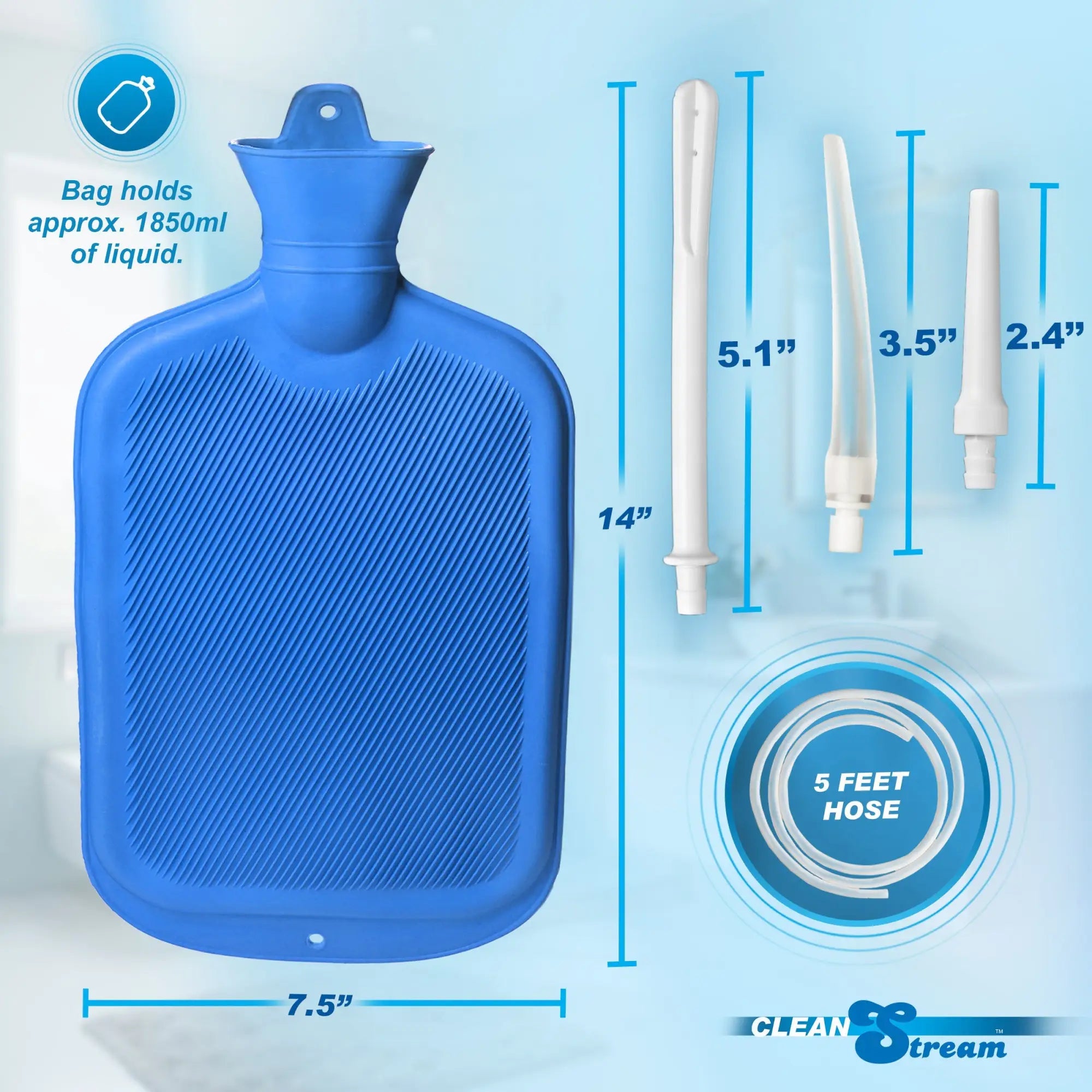 CleanStream Deluxe Shower Enema Kit with a blue rubber bag, 5-foot hose, and three white tips with dimensions shown.