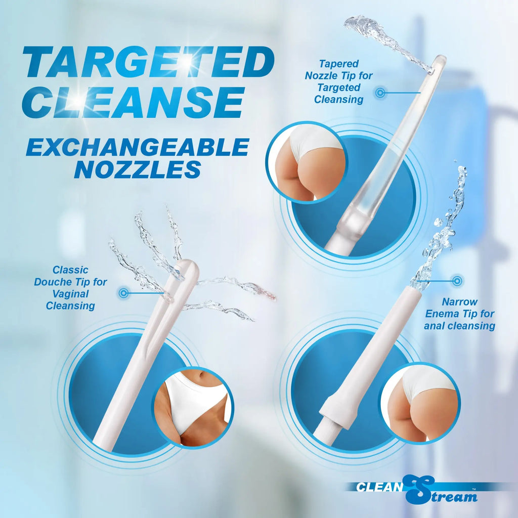CleanStream Deluxe Shower Enema Kit with 5 tips, featuring white nozzles spraying water for targeted cleansing.