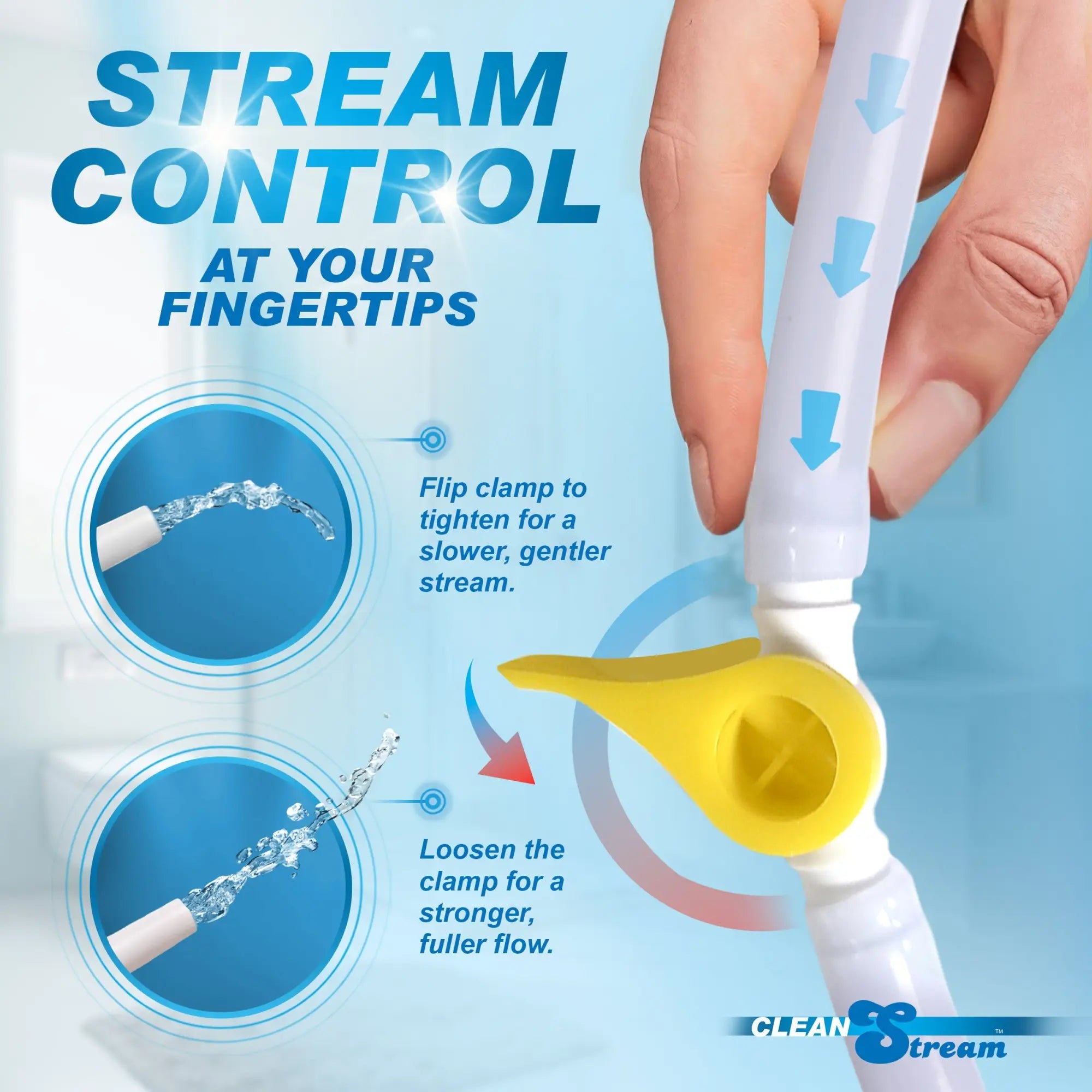 CleanStream Deluxe Shower Enema Kit: A hand operating a yellow flow-control clamp on a white hose to adjust water stream.