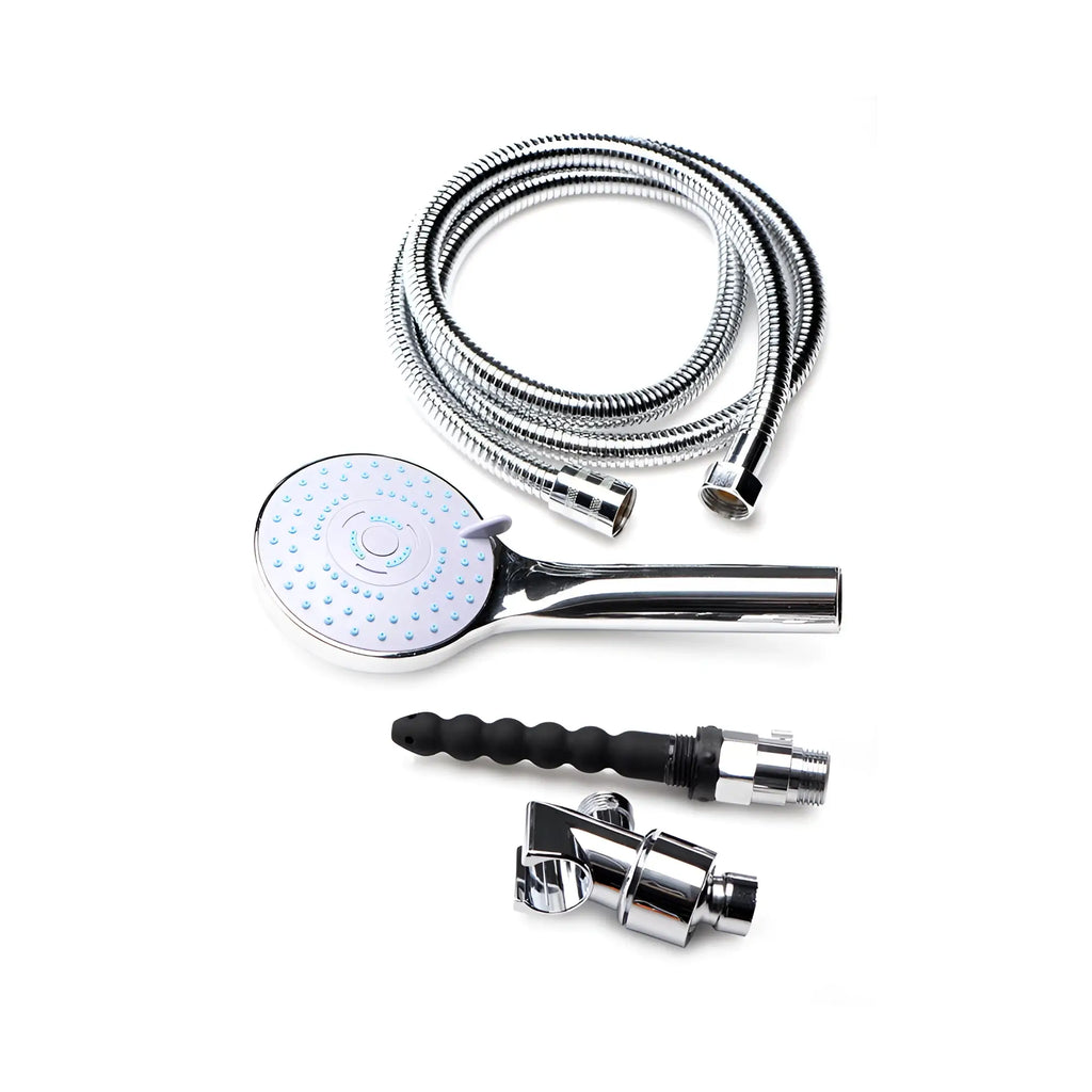 CleanStream Discreet Silicone Shower Enema Set featuring a chrome shower head, flexible hose, black nozzle, and mount.