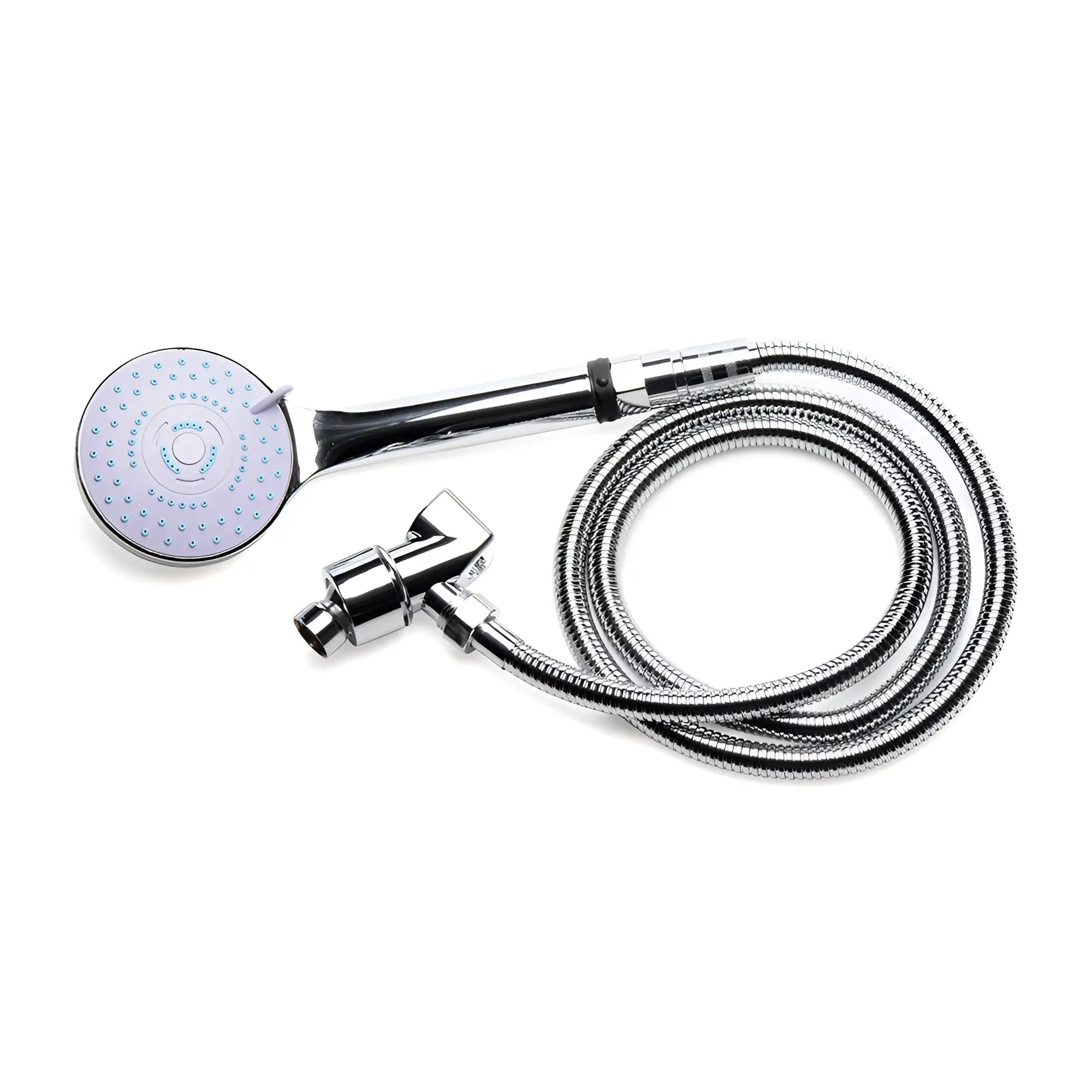 CleanStream Silicone Shower Enema Set featuring a chrome shower head and long, flexible metallic hose on white.