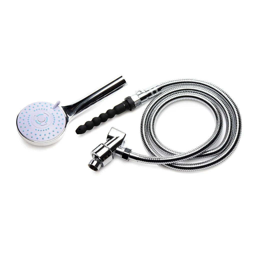 CleanStream shower enema set with a chrome shower head, long hose, and a ribbed black silicone attachment.