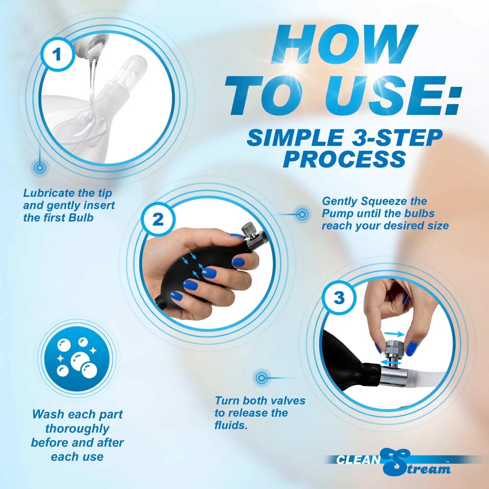 CleanStream Double Balloon Enema Nozzle instructions showing 3 steps for use, including lubrication, pumping, and valves.