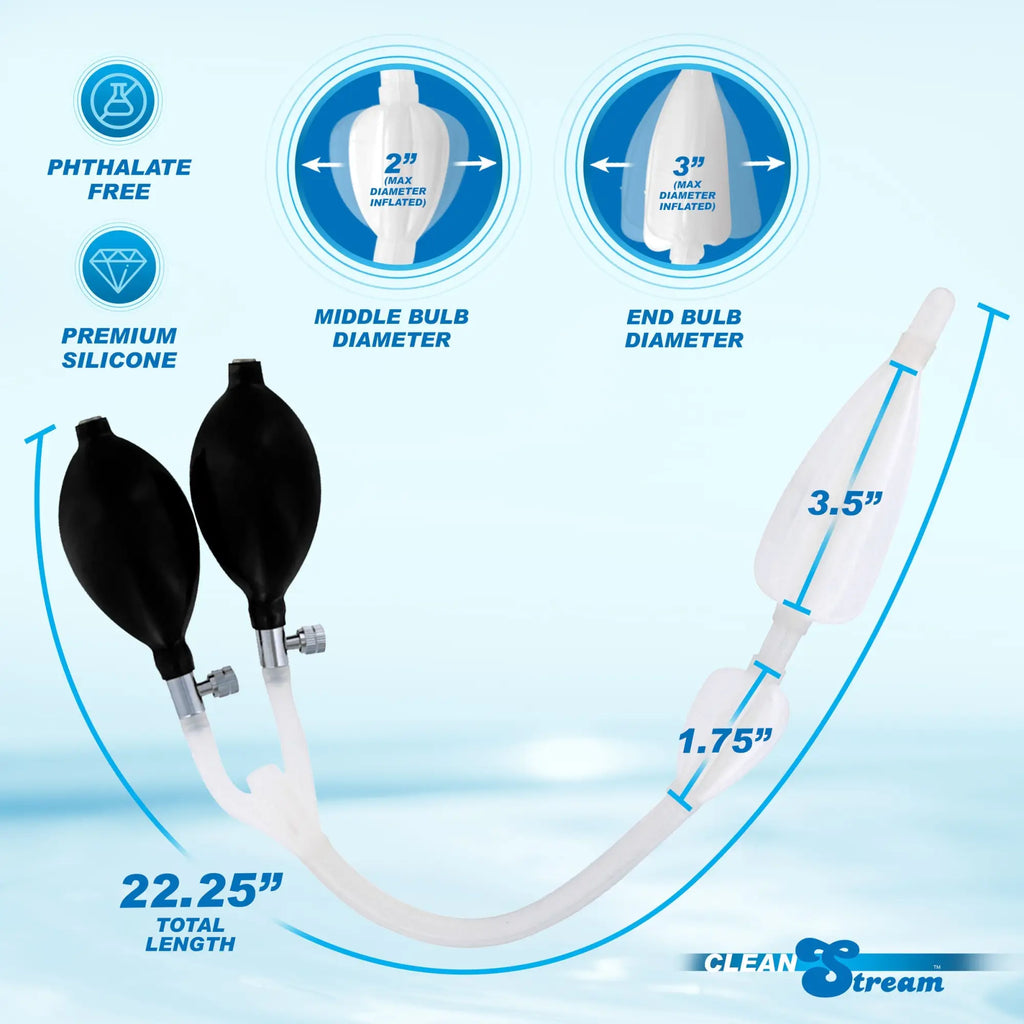 CleanStream Double Balloon Enema Nozzle with two black bulbs, two clear silicone balloons, and measurements.