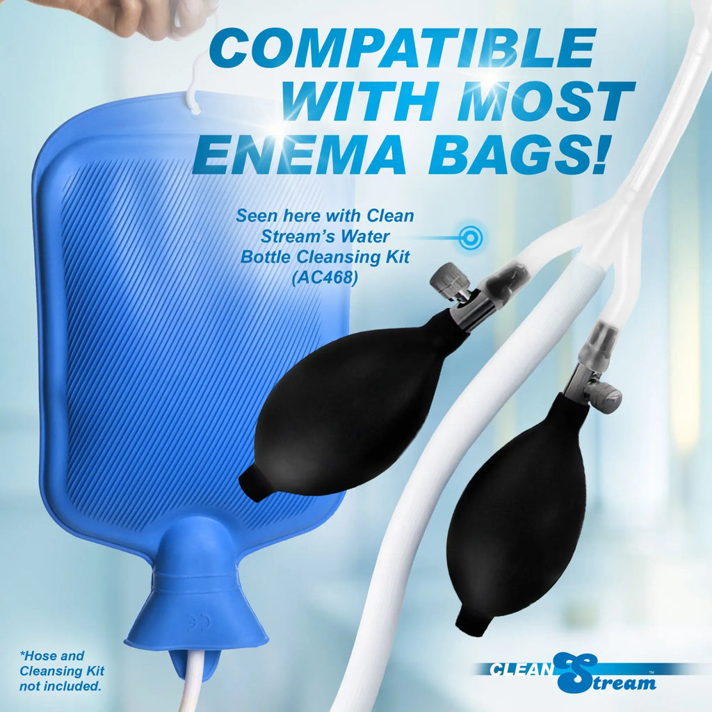 CleanStream Double Balloon Enema Nozzle with two black inflation bulbs and white tubing, shown with a blue water bag.