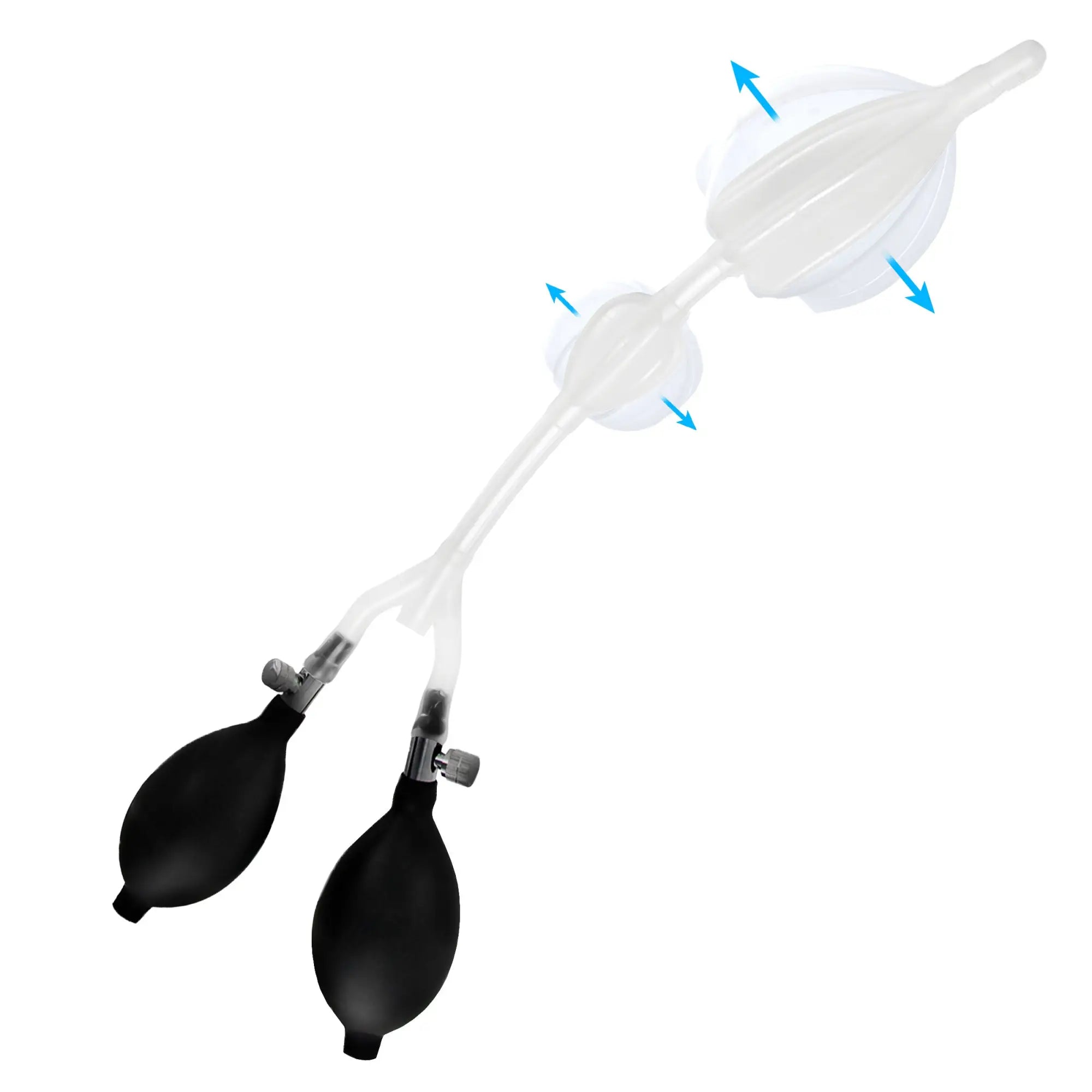CleanStream Double Balloon Enema Nozzle with clear dual balloons, black inflation pumps, and blue directional arrows.