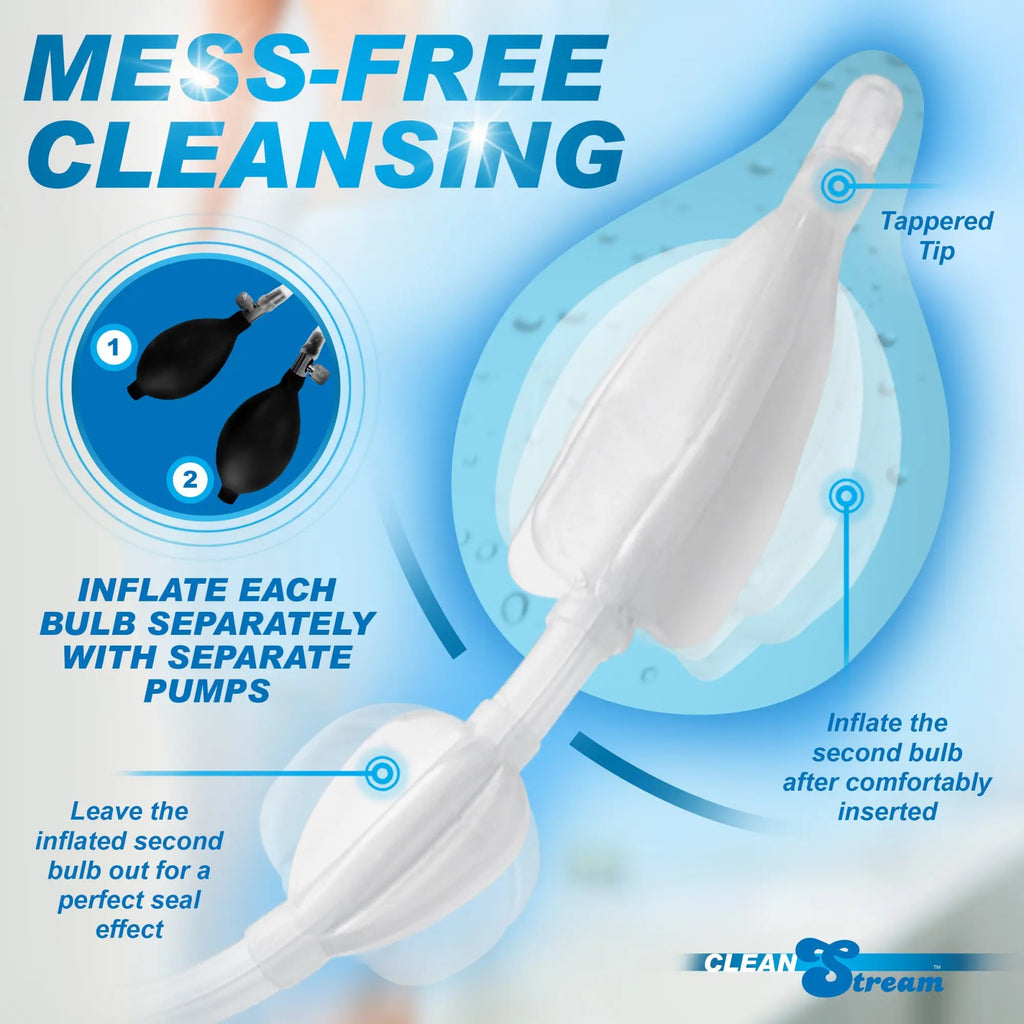 CleanStream Double Balloon Enema Nozzle: A white, dual-balloon silicone nozzle with instructions for inflation.