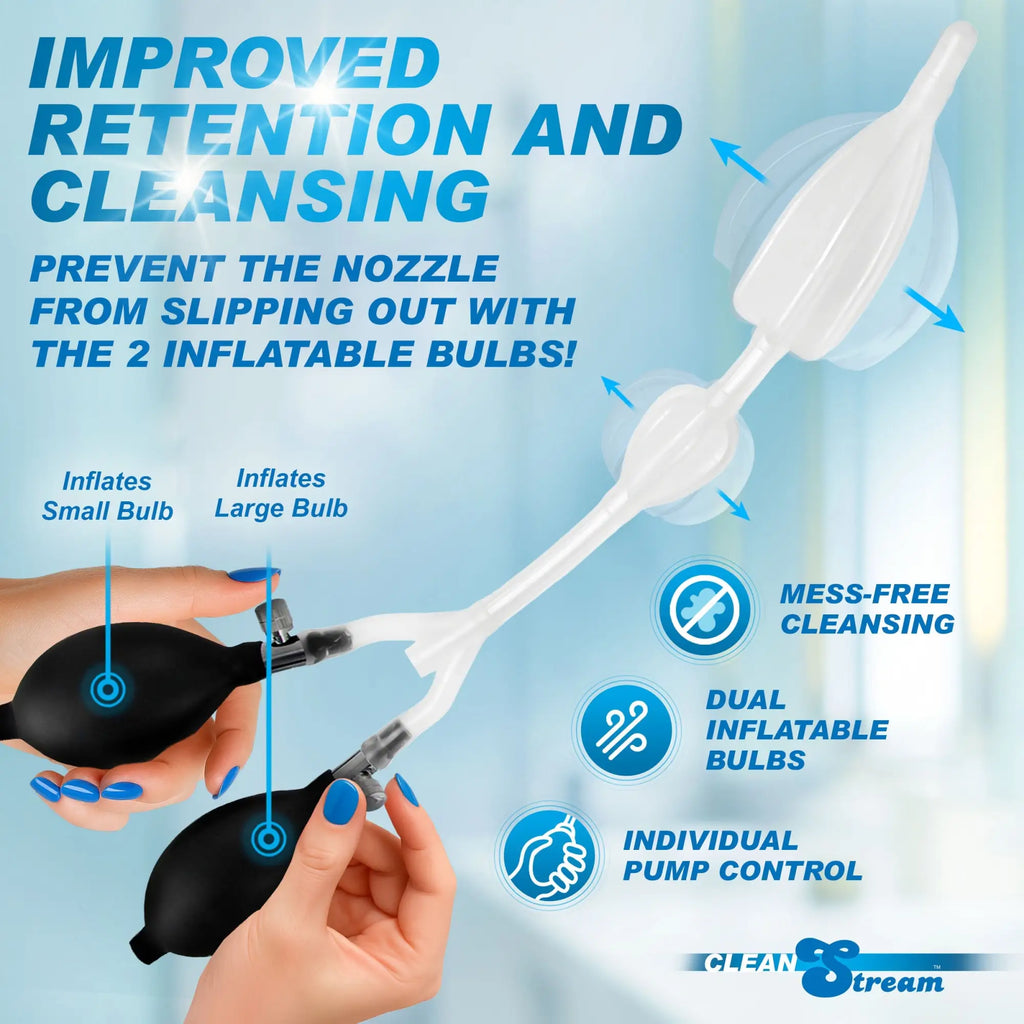 CleanStream double balloon enema nozzle showing white inflatable bulbs controlled by two black hand pumps.