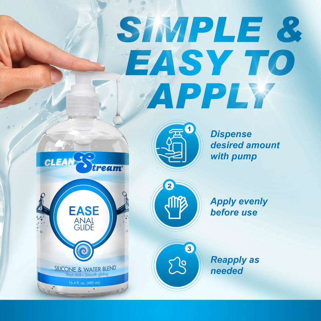 CleanStream Ease Hybrid Anal Lube bottle with a pump, featuring instructions and a blue water-themed background.