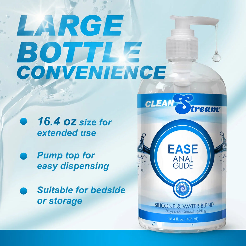 CleanStream Ease Hybrid Anal Lube in a clear 16.4 oz pump bottle with blue branding against a water-themed background.