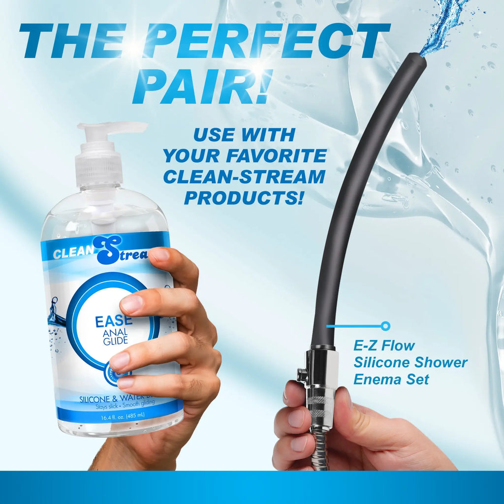 CleanStream Ease Hybrid Anal Lube bottle and a black E-Z Flow Silicone Shower Enema nozzle held against a water splash.
