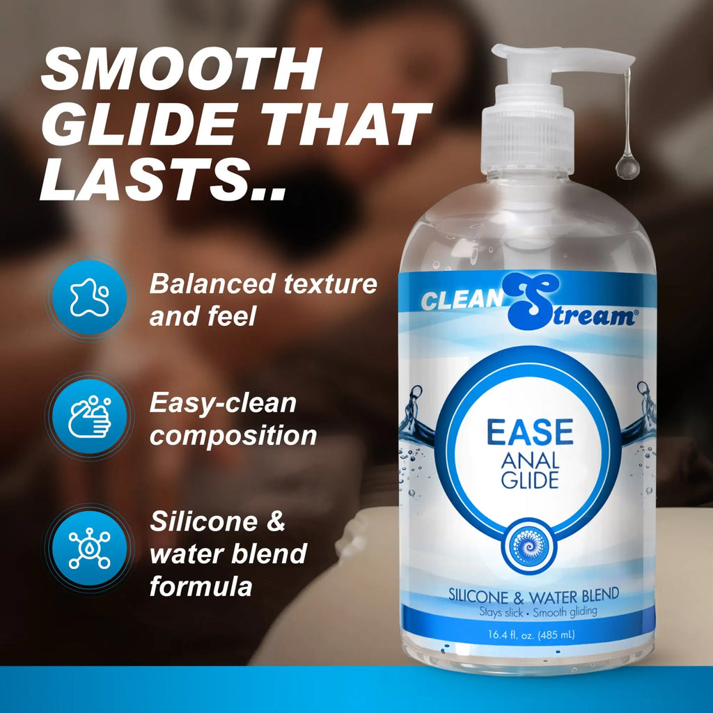 CleanStream Ease Hybrid Anal Lube bottle with a pump dispenser, featuring blue and white labeling and benefits text.