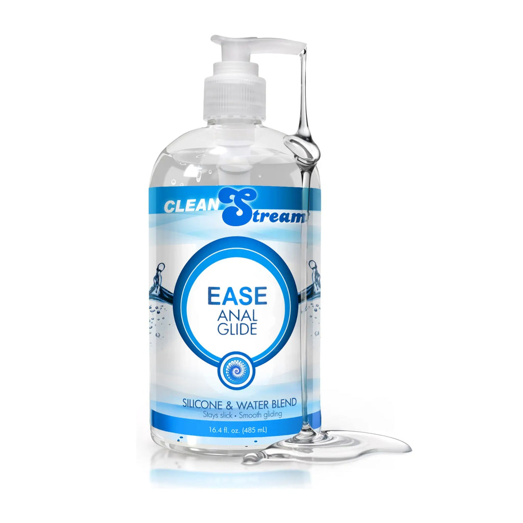 CleanStream Ease Hybrid Anal Lube in a clear pump bottle with blue and white label, featuring viscous lube dripping.