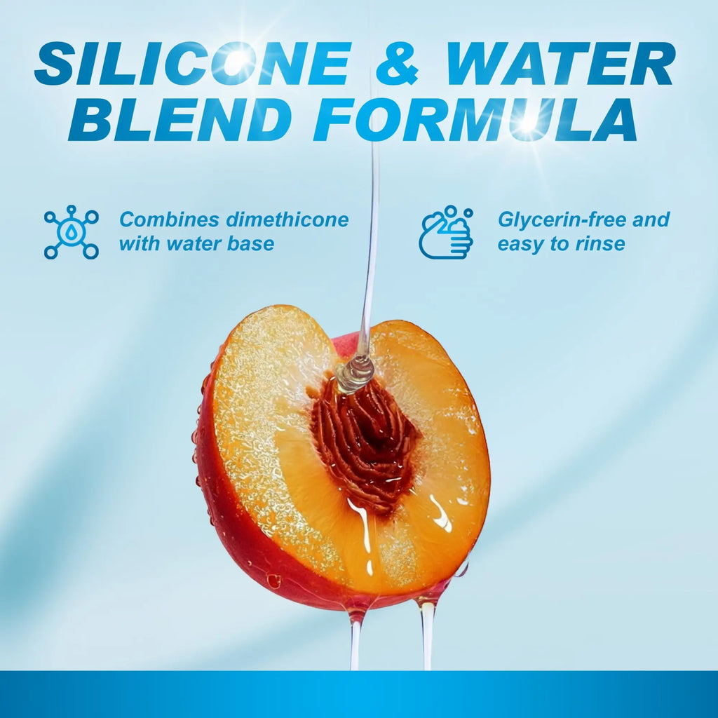CleanStream Ease Hybrid Lube ad: a peach half with clear lubricant dripping onto it against a light blue background.