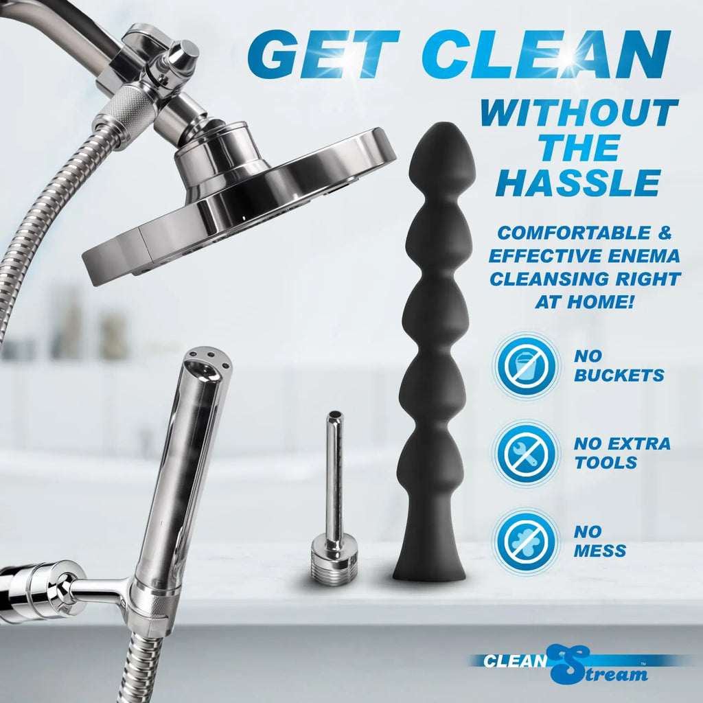 CleanStream Easy Flow Cleansing Kit featuring a chrome shower attachment and a black, multi-bead silicone insert.