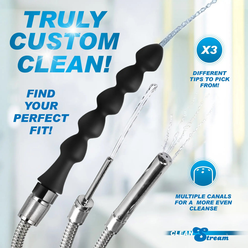 CleanStream Easy Flow Cleansing Kit featuring three distinct metallic and black silicone attachments spraying water.