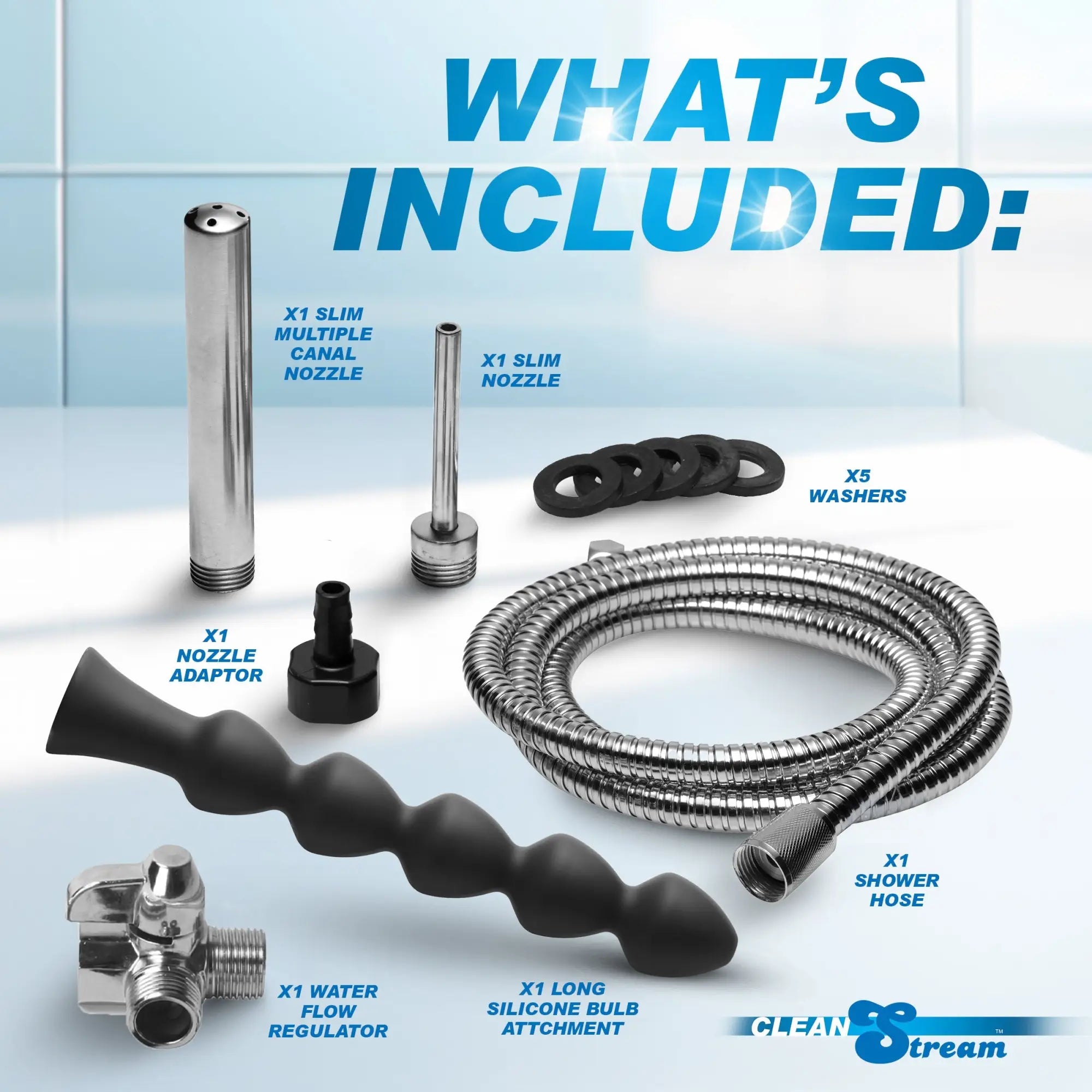 CleanStream Easy Flow Cleansing Kit components including metal nozzles, black silicone attachment, hose, and parts.