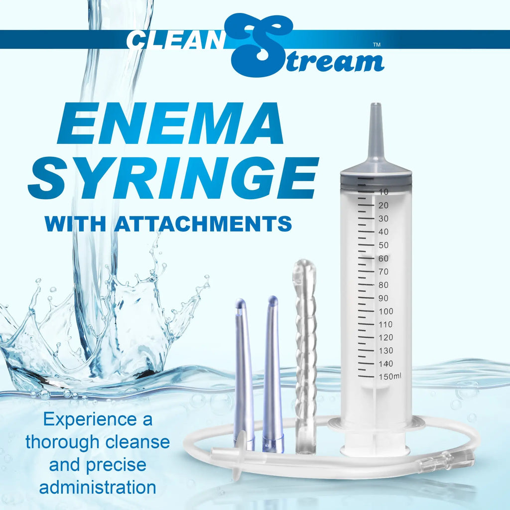 CleanStream 150mL enema syringe with three distinct nozzles and tubing, set against a splashing water background.