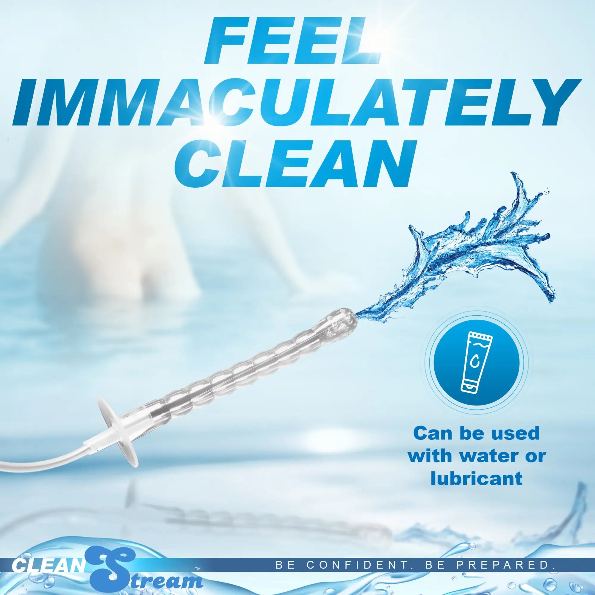 CleanStream 150 mL syringe, clear ridged design spraying water, set against a blue, clean-themed background.