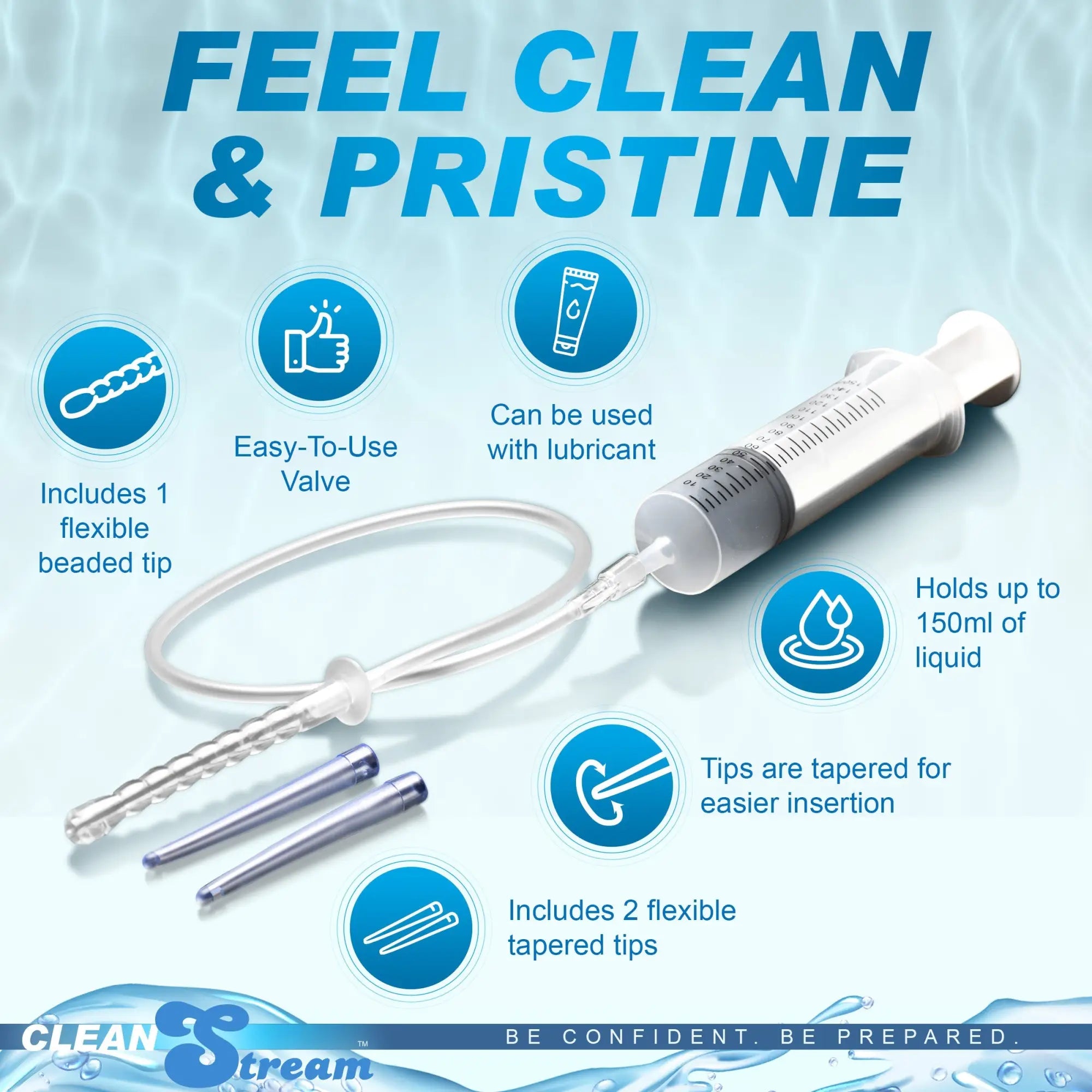 CleanStream Enema 150 mL syringe kit with flexible beaded and tapered tips, shown with instructional icons on blue.