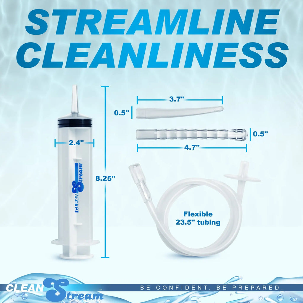 CleanStream 150mL syringe with attachments and tubing, displayed with dimensions on a light blue water-themed background.