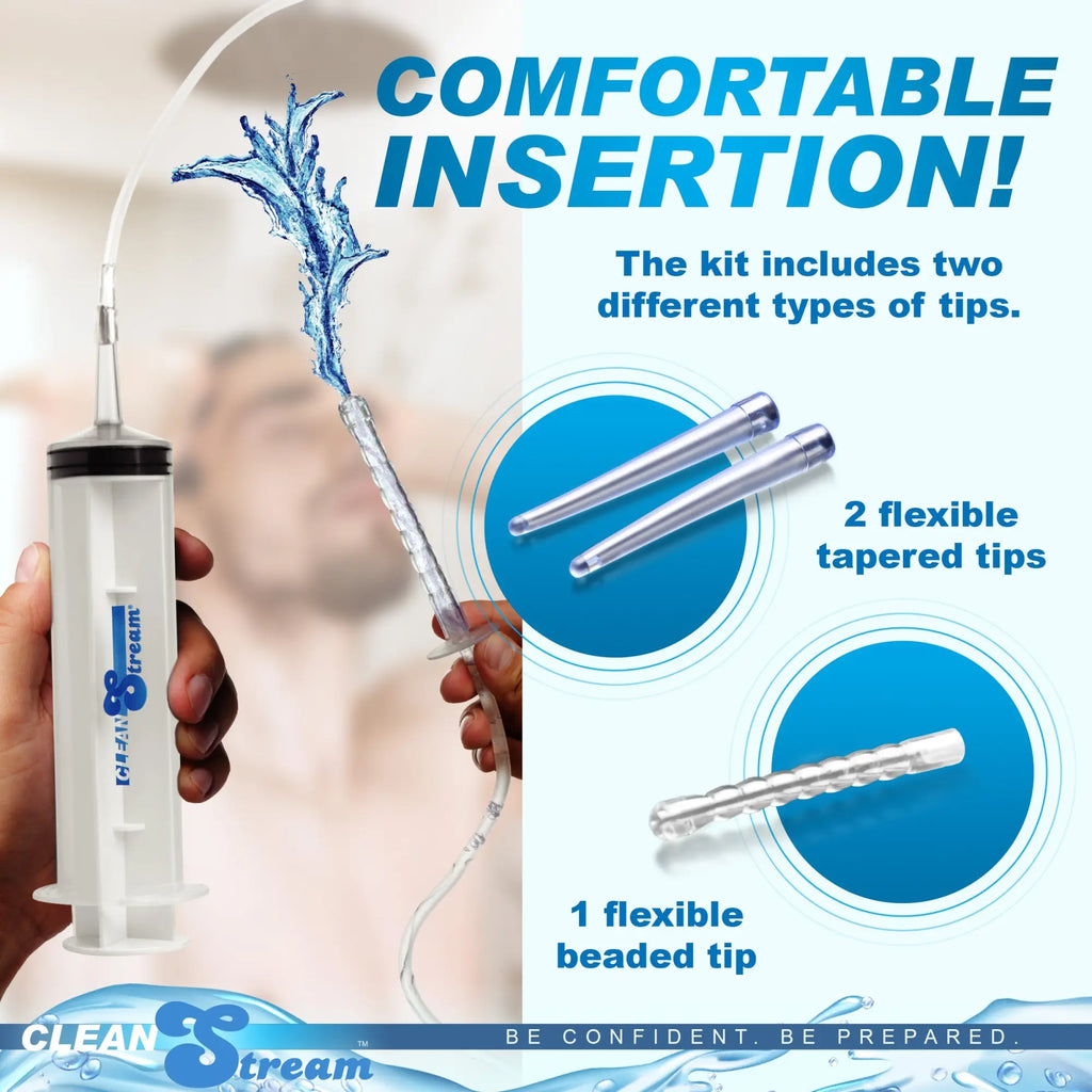 CleanStream 150mL enema syringe kit with white barrel, tubing, two tapered tips, and one beaded tip, showing water spray.