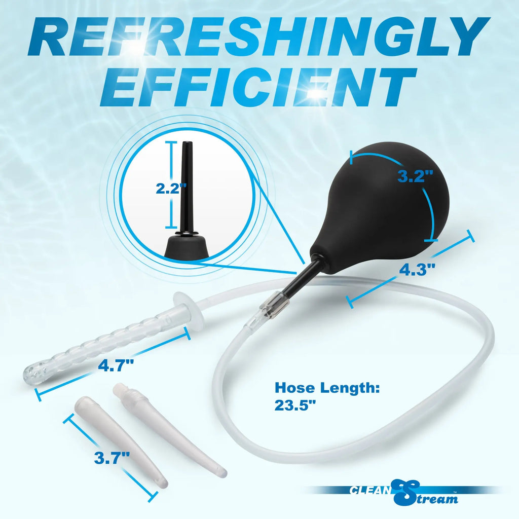 CleanStream Enema Bulb Kit with black bulb, clear hose, and various nozzle attachments, labeled with product dimensions.