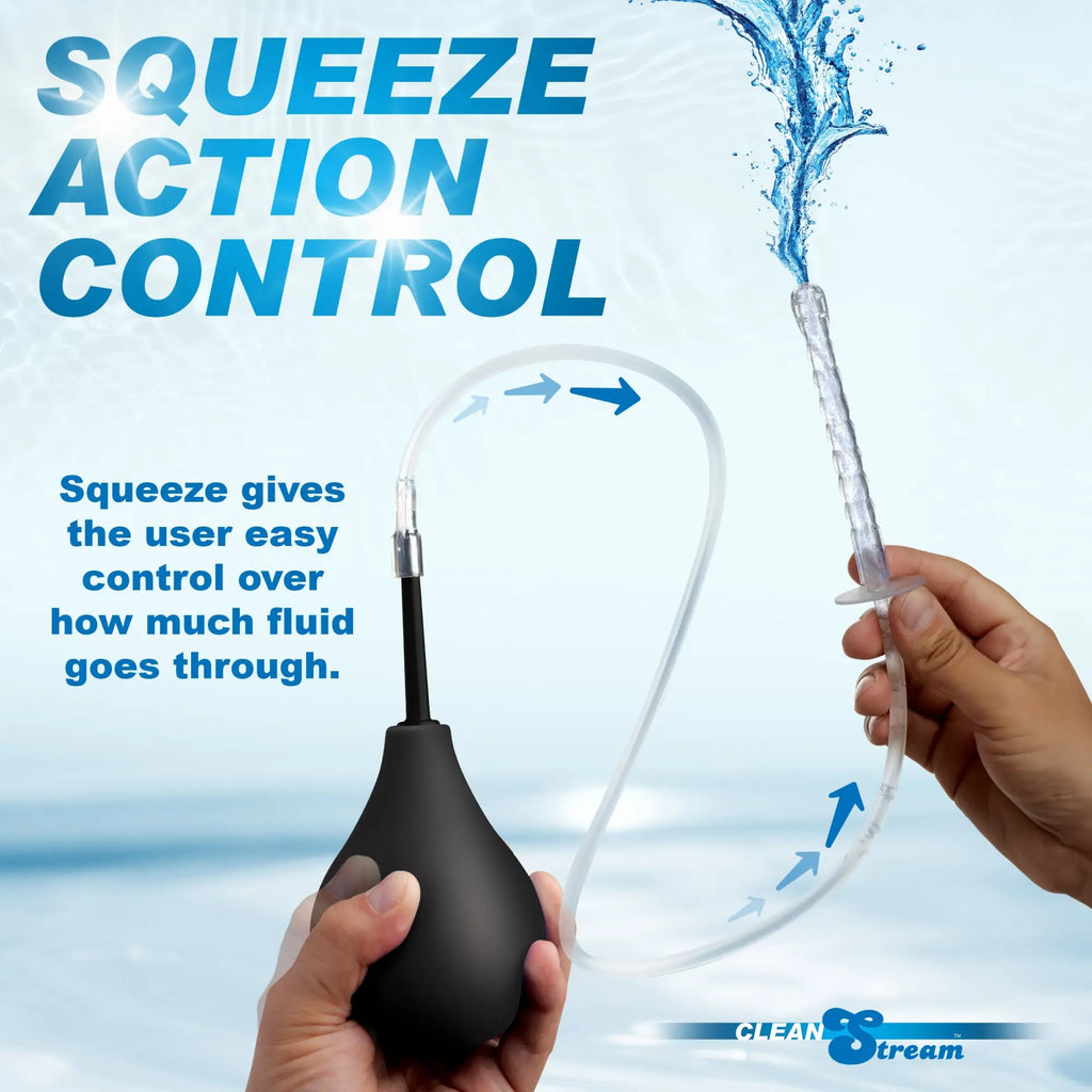 CleanStream Enema Bulb Kit with a black squeeze bulb, clear tube, and nozzle spraying water on a blue background.