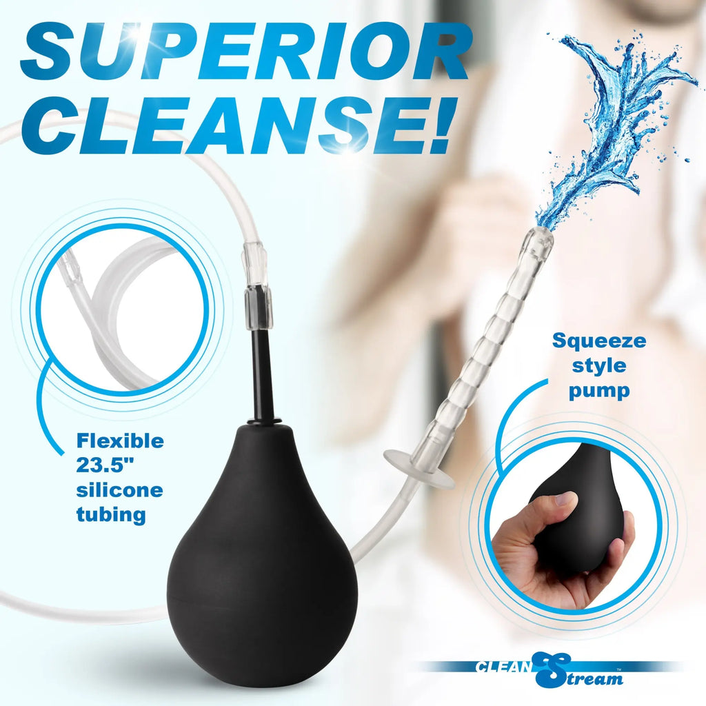 CleanStream Enema Bulb Kit with black bulb, clear 23.5-inch silicone tubing, and nozzle spraying water.