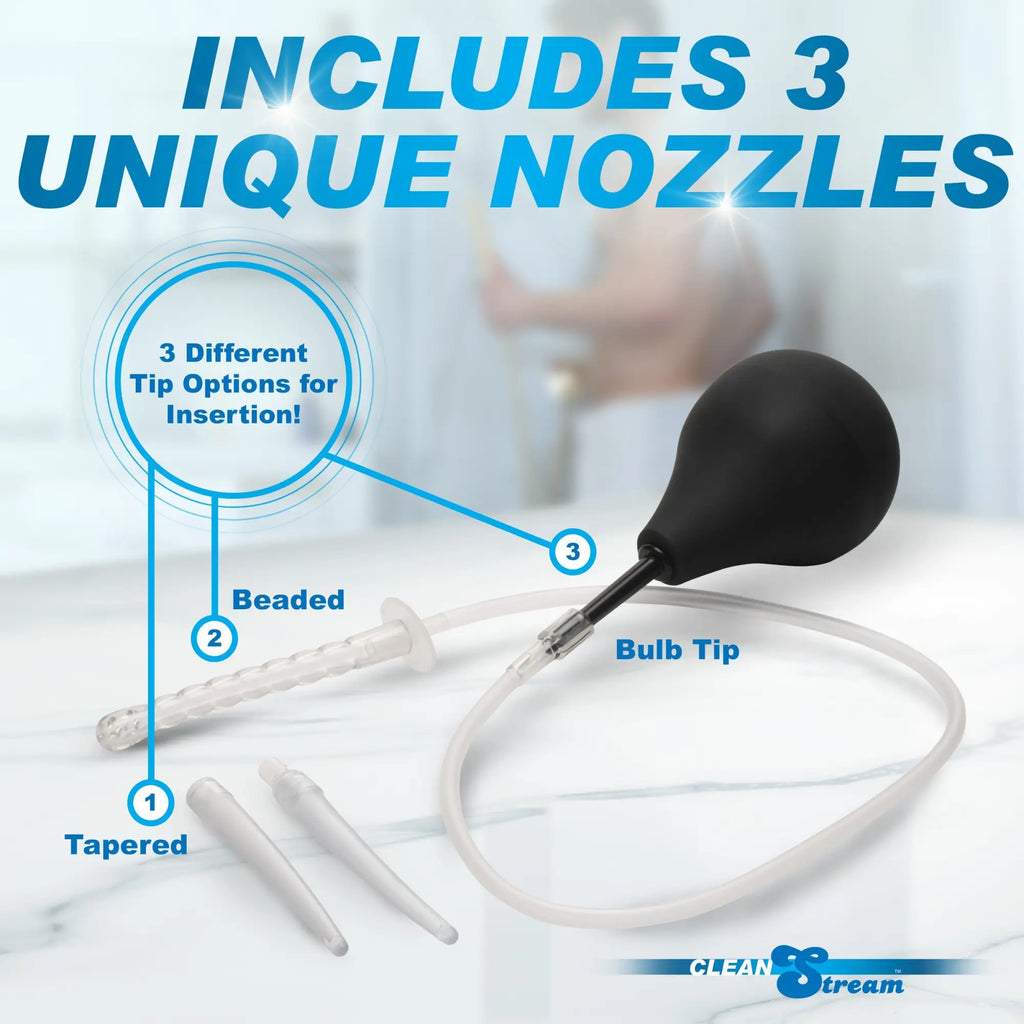 CleanStream Enema Bulb Kit with a black bulb and three clear, unique nozzles: tapered, beaded, and standard bulb tip.