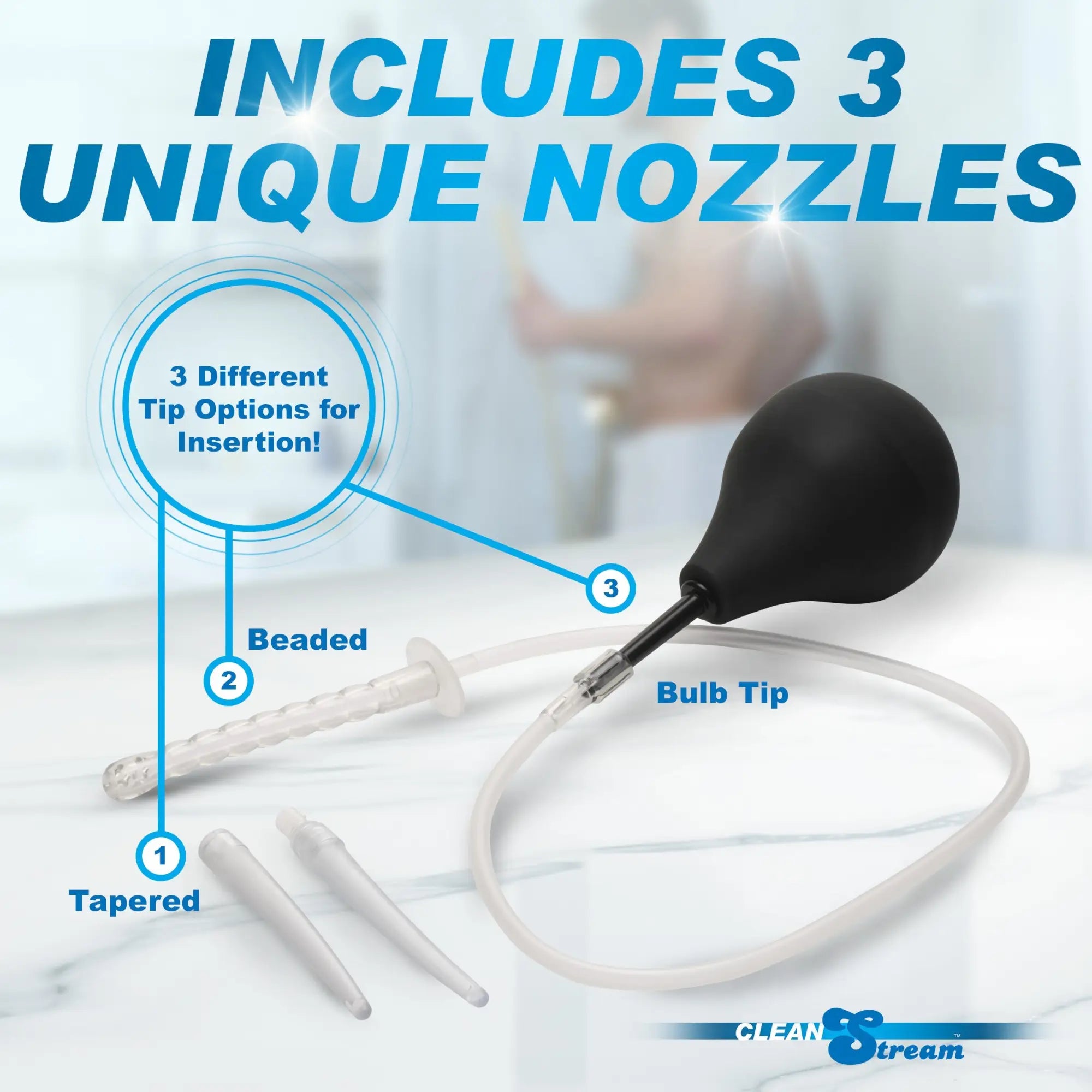 CleanStream Enema Bulb Kit with a black bulb and three clear, unique nozzles: tapered, beaded, and standard bulb tip.