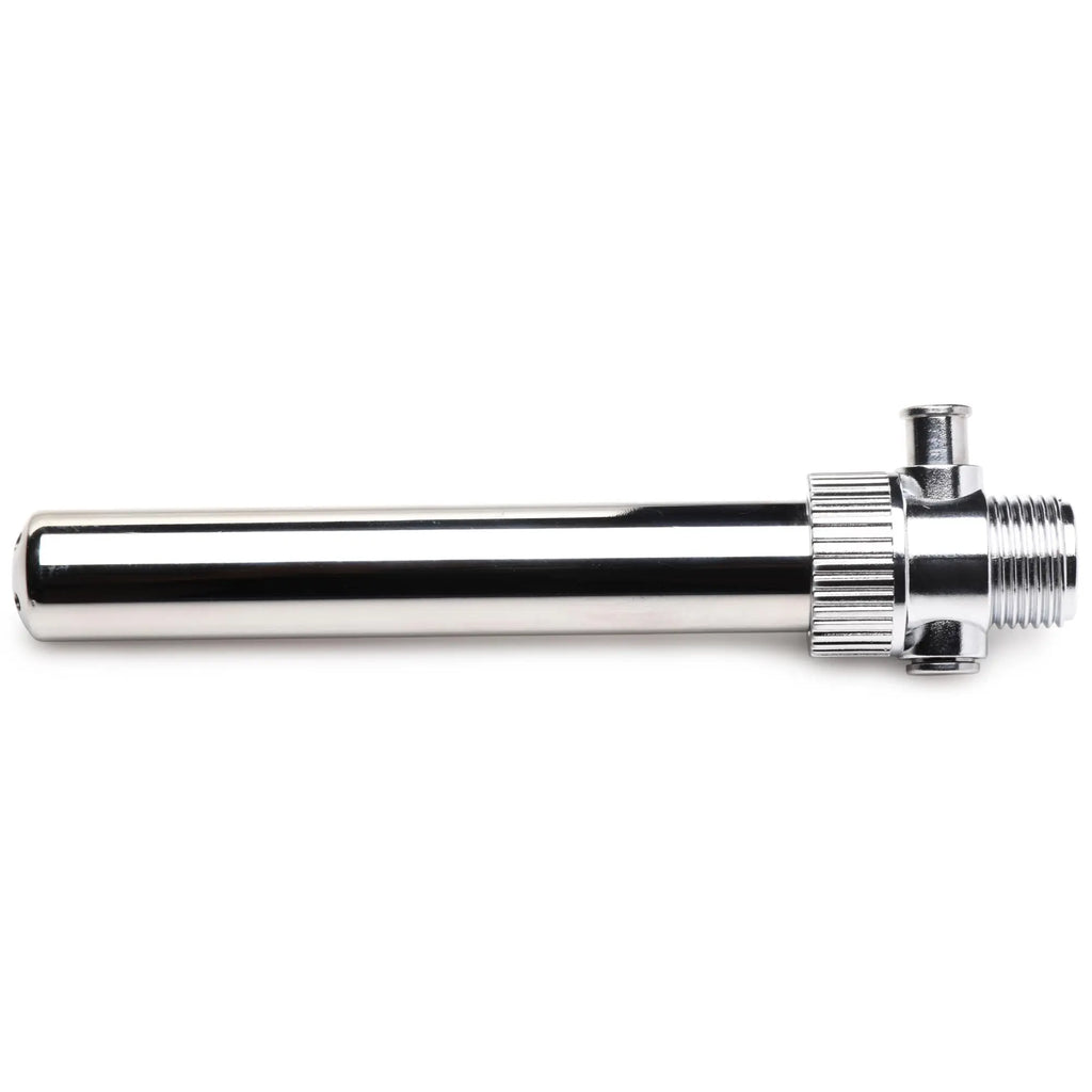 CleanStream Enema Nozzle in polished chrome with a cylindrical tip and integrated quick shut off/on valve.