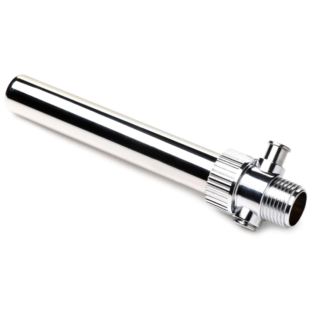 CleanStream enema nozzle with a chrome finish, long cylindrical tip, and an integrated quick shut-off valve.