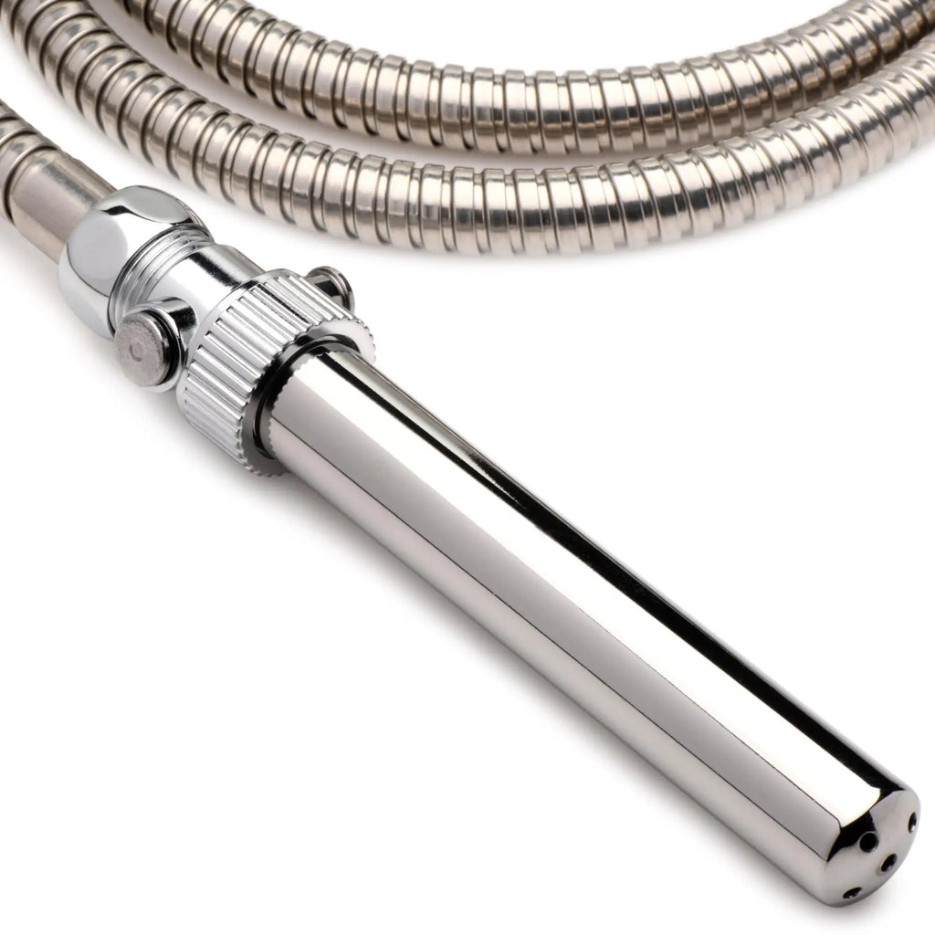 CleanStream Enema Nozzle with metallic silver finish, featuring a flexible coiled hose and quick shut-off valve.