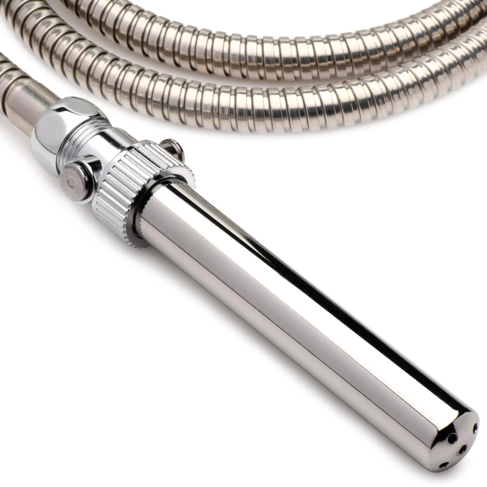 CleanStream Enema Nozzle with metallic silver finish, featuring a flexible coiled hose and quick shut-off valve.
